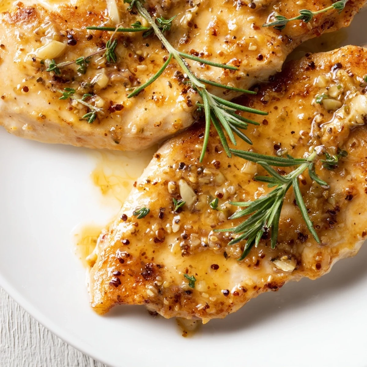 Honey Dijon Chicken Skillet served over creamy mashed potatoes with a sprinkle of bright green parsley garnish.  