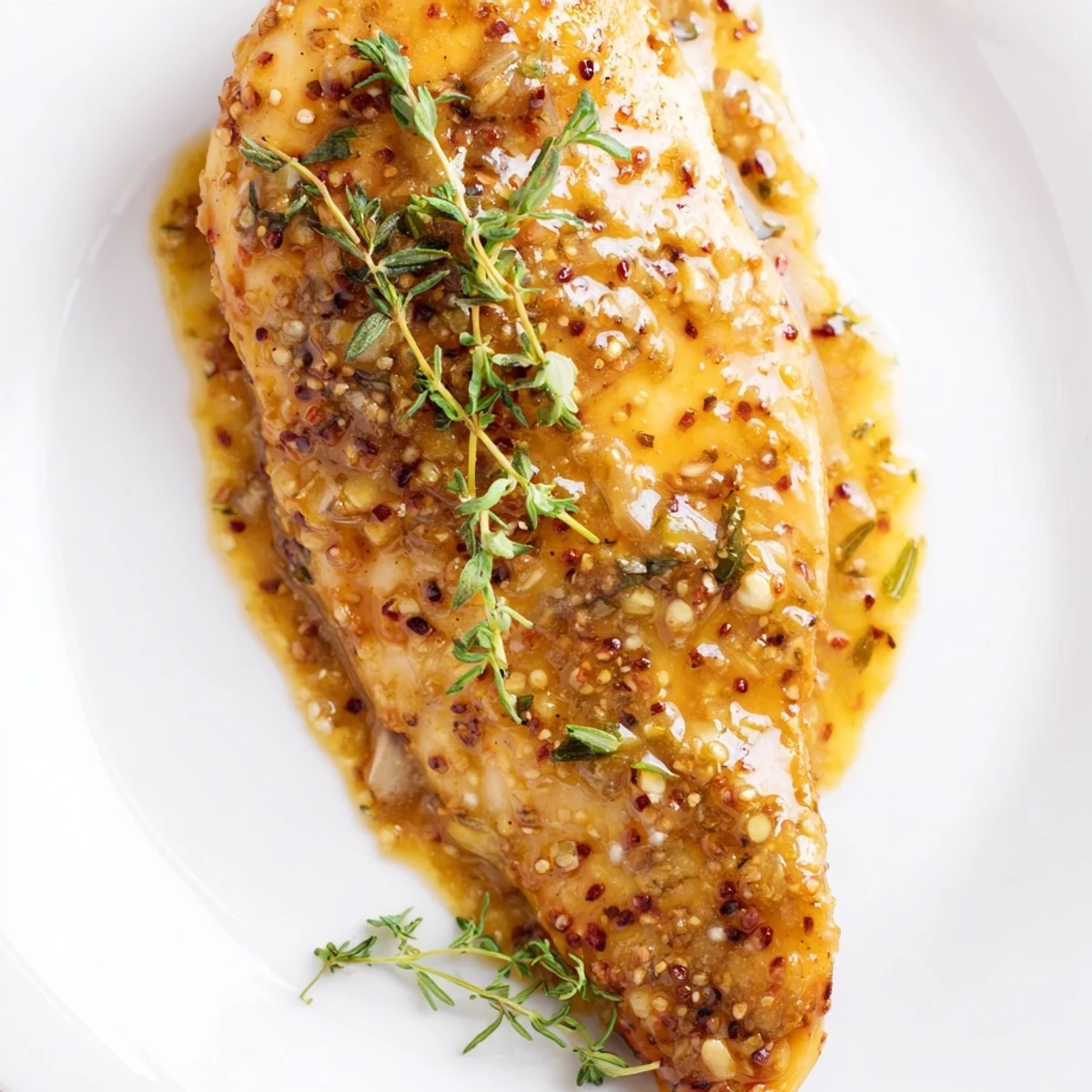 A close-up of Honey Dijon Chicken Skillet, fork-tender chicken coated in tangy sauce beside roasted vegetables.