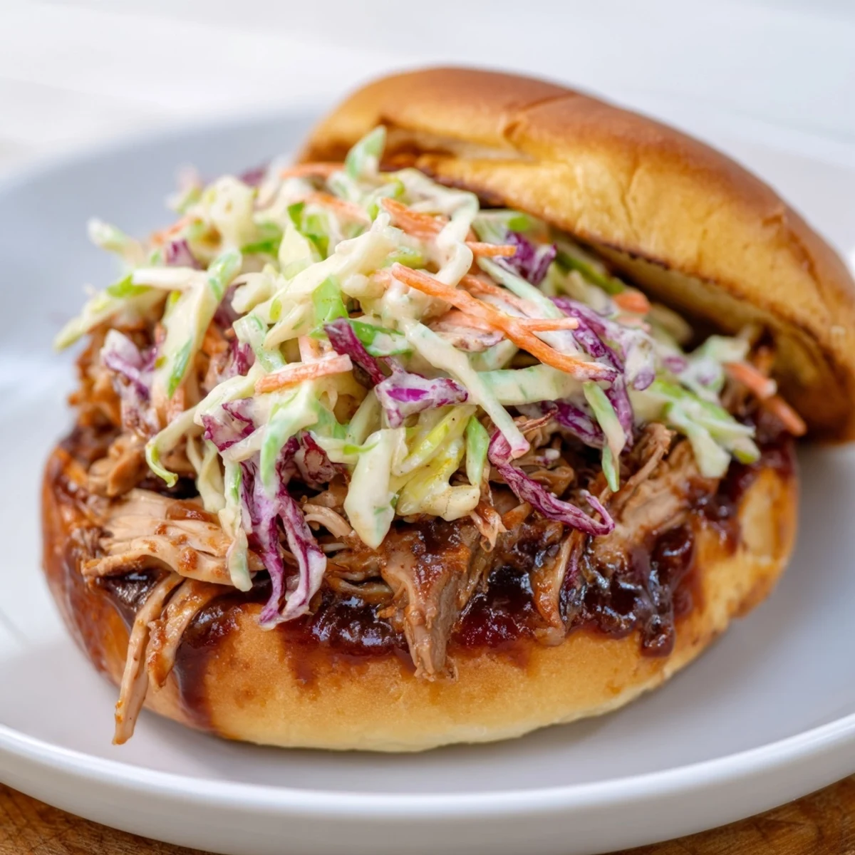 Golden-brown, tender pulled chicken sandwich piled high on a toasted brioche bun, topped with a creamy, crunchy cabbage slaw and a drizzle of barbecue sauce.