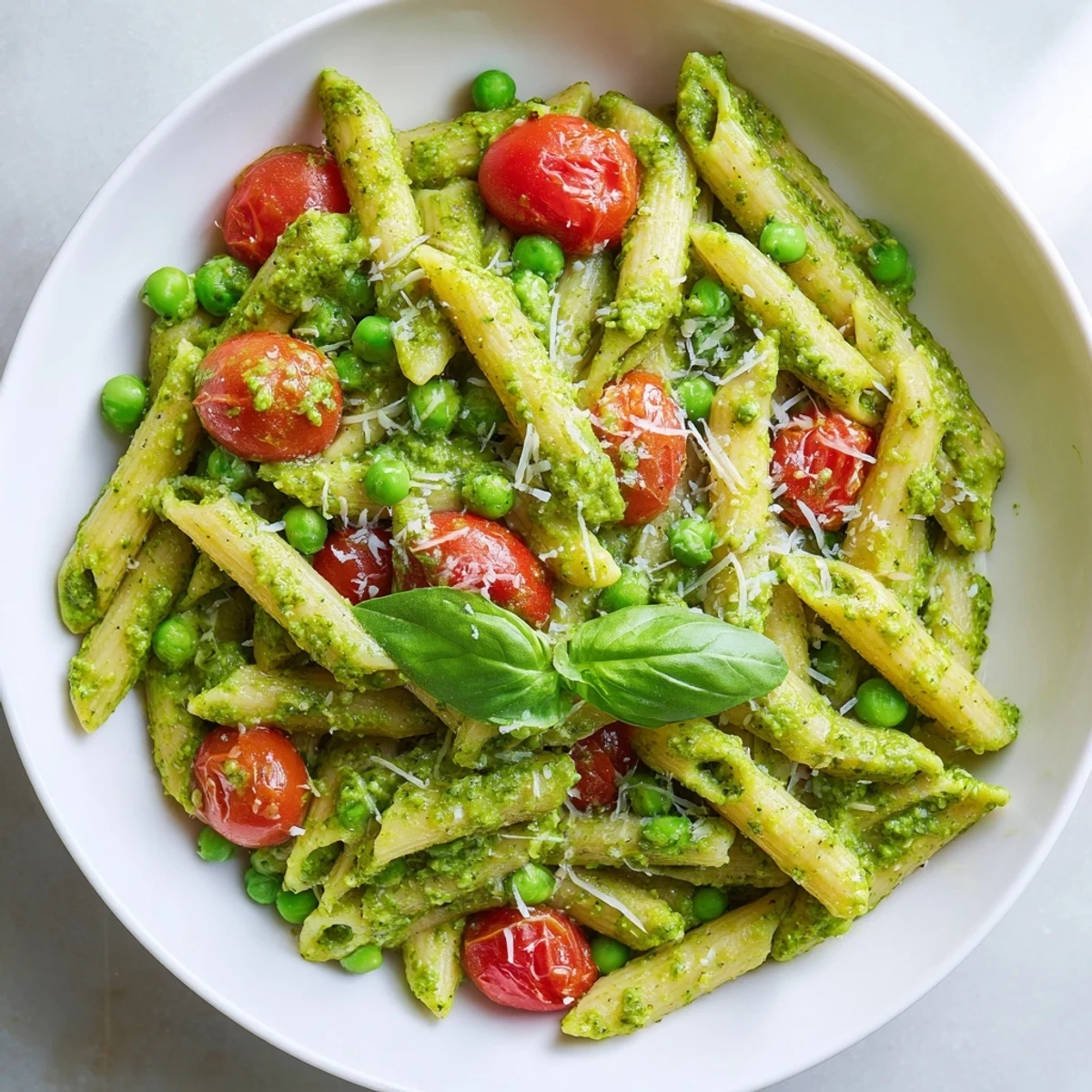 Freshly tossed Green Pesto Pasta Salad with al dente penne, sweet peas, and vibrant cherry tomatoes in a glossy basil sauce.