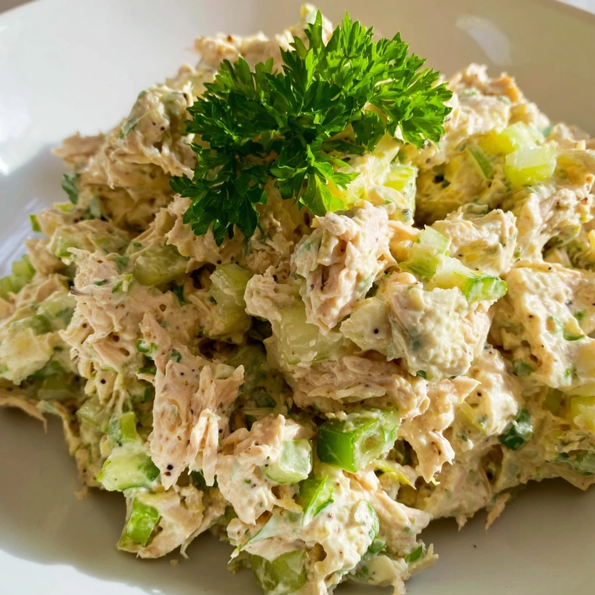 Freshly prepared Spicy Zesty Tuna Salad in a white bowl, showcasing diced celery and scallions mixed into the protein-rich, spicy dressing.