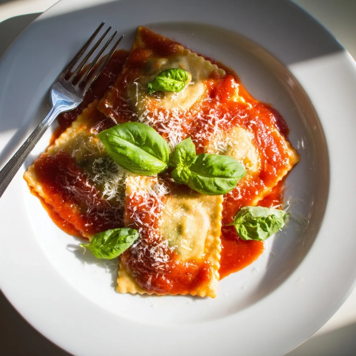 Homemade spinach ricotta ravioli glistens with vibrant marinara sauce and fresh basil garnish.  