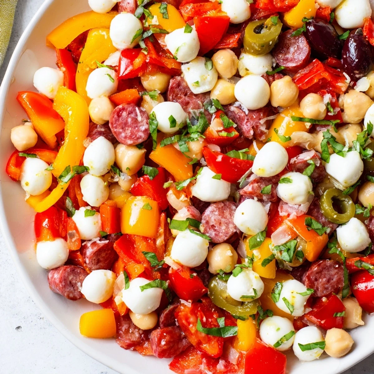 Tossed chopped antipasto salad with crunchy vegetables, olives, and pepperoncini served over a bed of fresh basil.