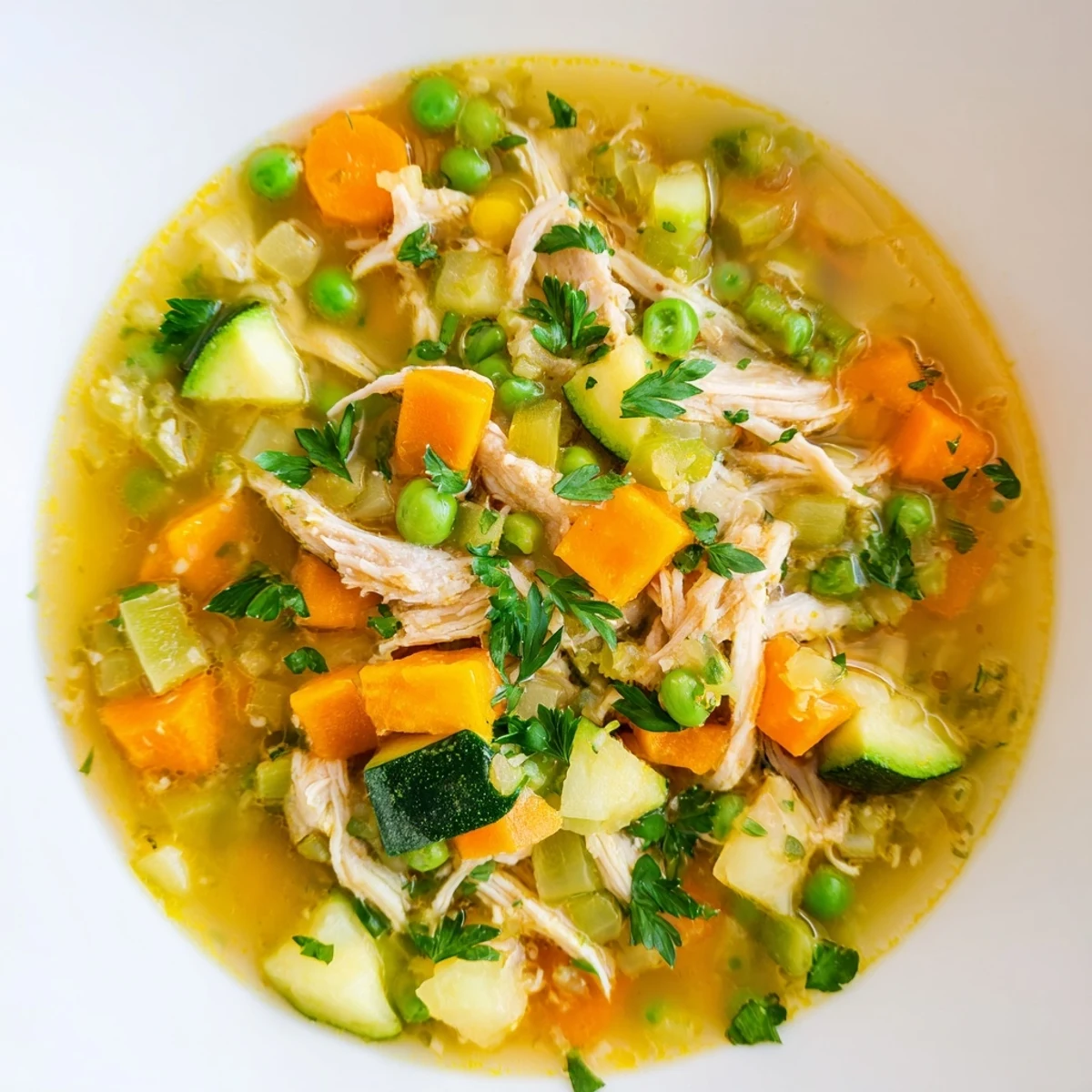 Bright Spring Garden Chicken Soup pairs with crusty bread, showcasing vibrant vegetables and aromatic thyme for a comforting meal.