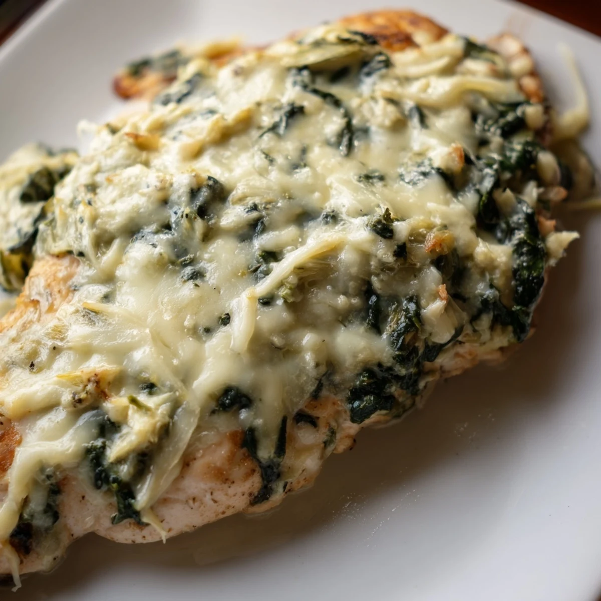 Bubbling Spinach & Artichoke Chicken Bake in a ceramic dish, showcasing tender chicken breasts under the creamy topping.