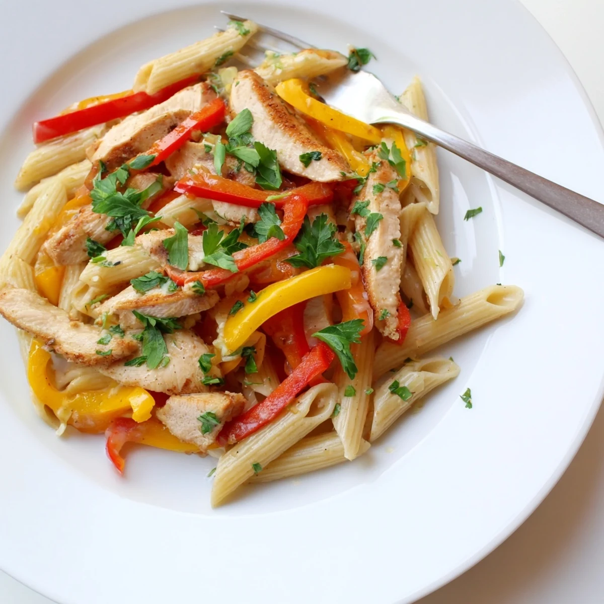 Creamy Cajun Chicken Pasta Lite with tender chicken strips and al dente penne in a spicy, reduced-fat sauce, garnished with fresh parsley.  