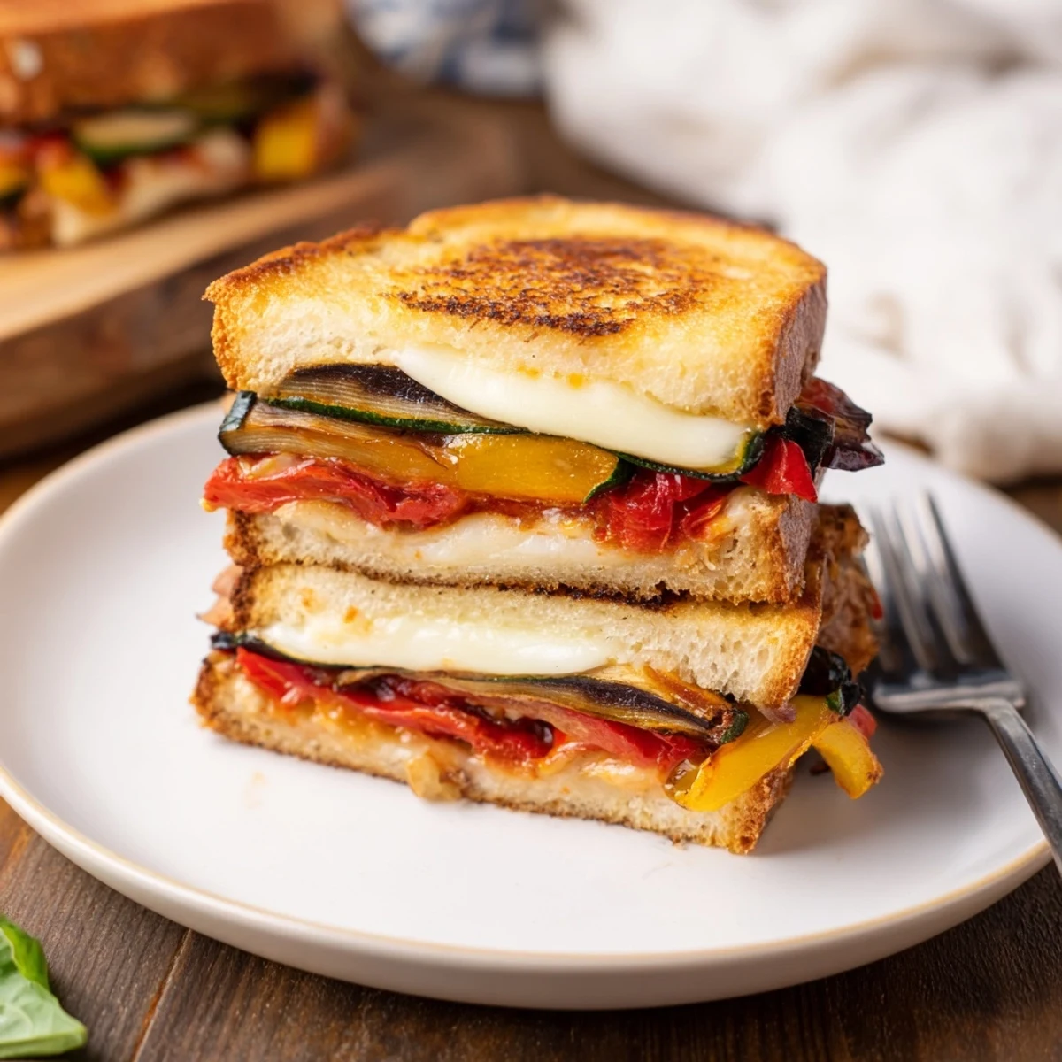 Golden, crispy sourdough slices stuffed with roasted zucchini, red and yellow peppers, melted mozzarella, fresh tomato, and basil for this Roasted Veggie Caprese Grilled Cheese.