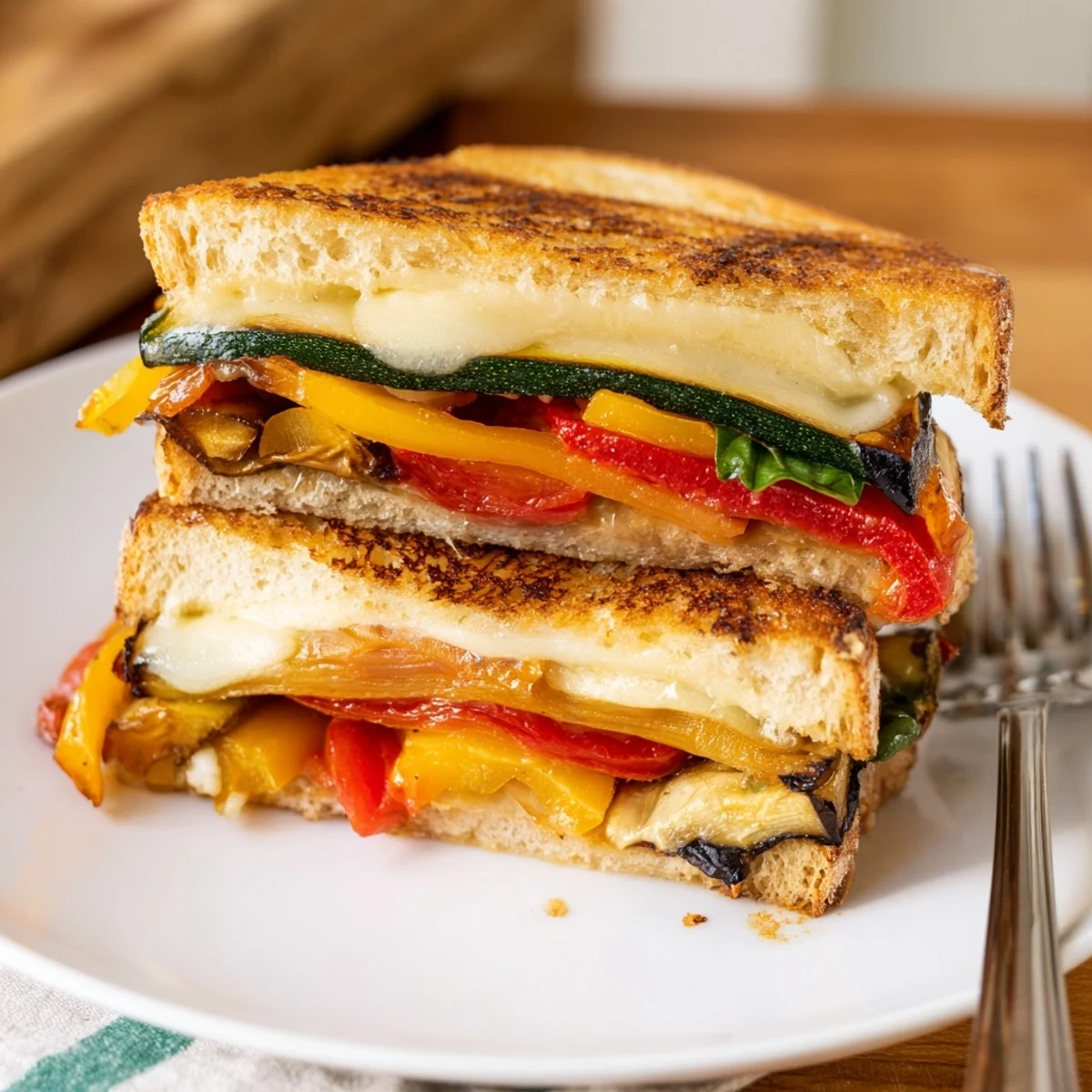 Melted cheese oozes from the Roasted Veggie Caprese Grilled Cheese, garnished with fresh basil and a drizzle of balsamic glaze on a wooden board.