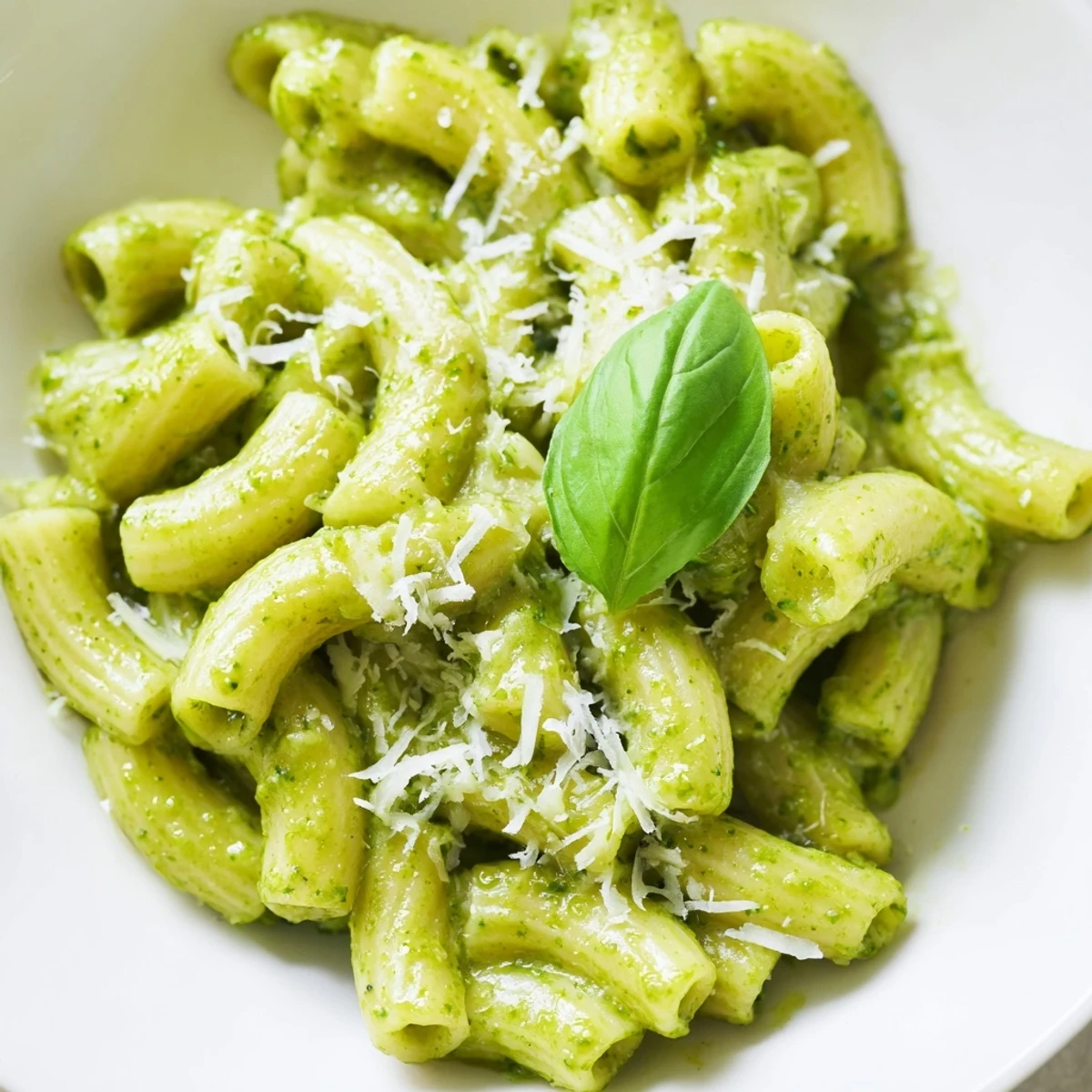 Freshly cooked macaroni coated in vibrant green Creamy Avocado Pesto Mac, garnished with basil and grated Parmesan.