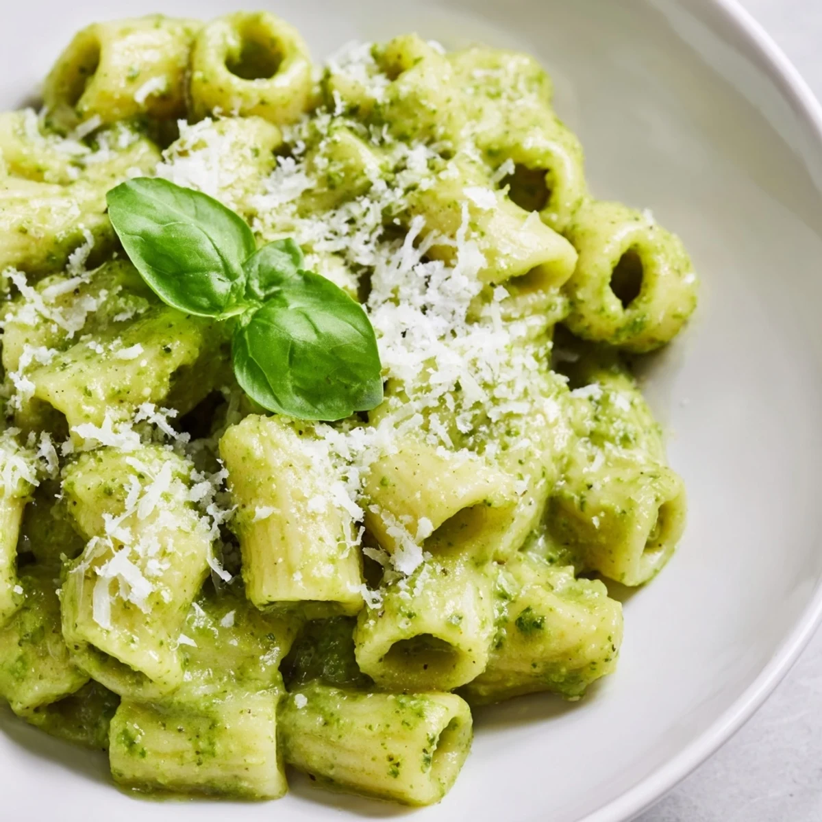 Creamy Avocado Pesto Mac served fork-ready, showcasing tender pasta and extra grated Parmesan for a family dinner.