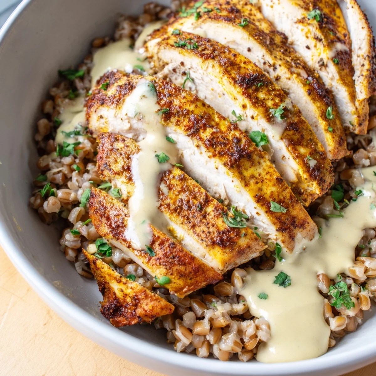 Freshly roasted chicken slices rest on hearty farro with chickpeas, greens, and veggies, all coated in creamy lemon tahini sauce in this Lemon Tahini Chicken Power Bowl.