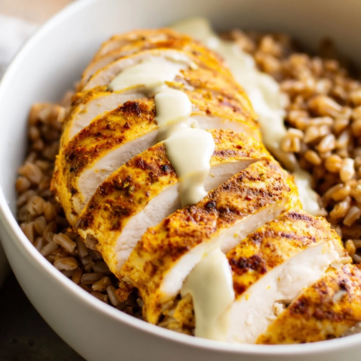 A close-up of the Lemon Tahini Chicken Power Bowl highlights golden chicken and crispy chickpeas over a bed of greens, ready for a delicious Mediterranean-inspired meal.