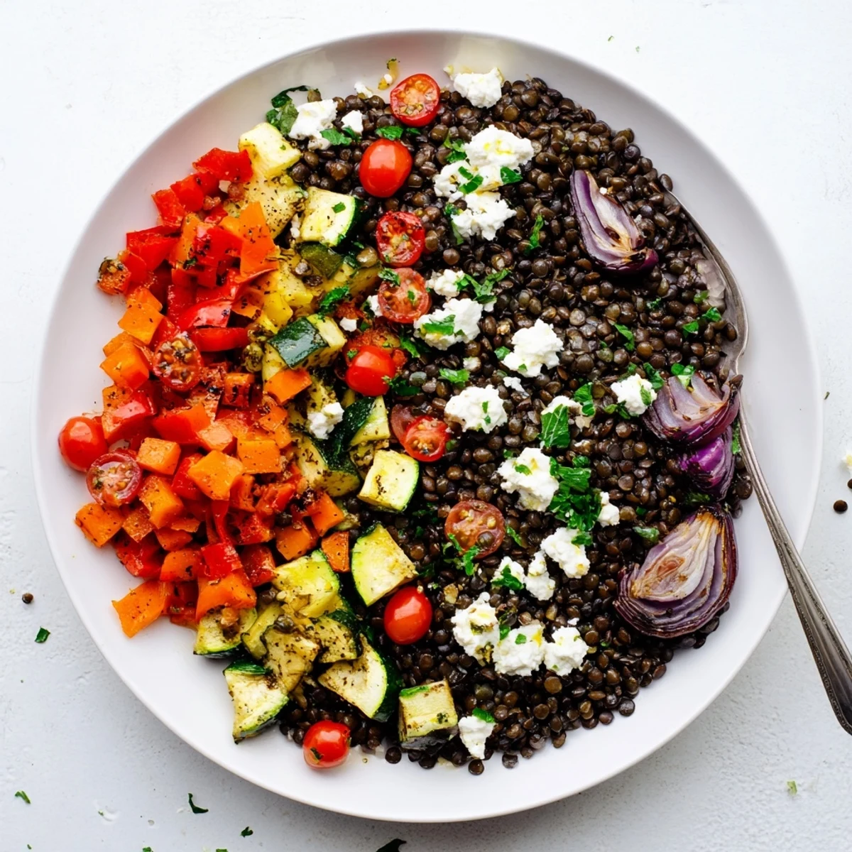 A close-up of a vibrant Black Lentil Salad with Roasted Vegetables, featuring glossy black lentils mixed with caramelized bell peppers and zucchini.