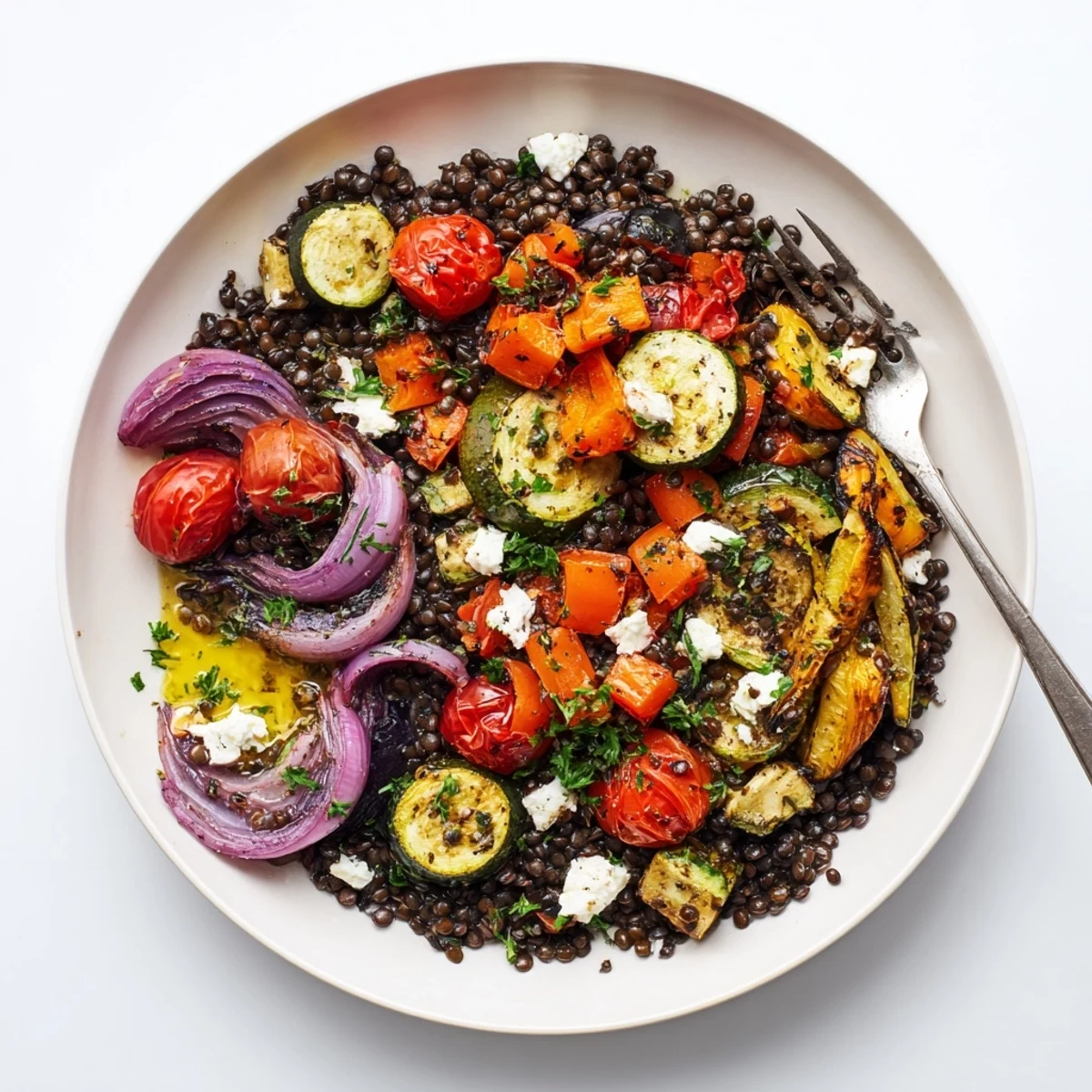 A healthy Black Lentil Salad with Roasted Vegetables served in a white bowl, garnished with fresh parsley and crumbled feta cheese.