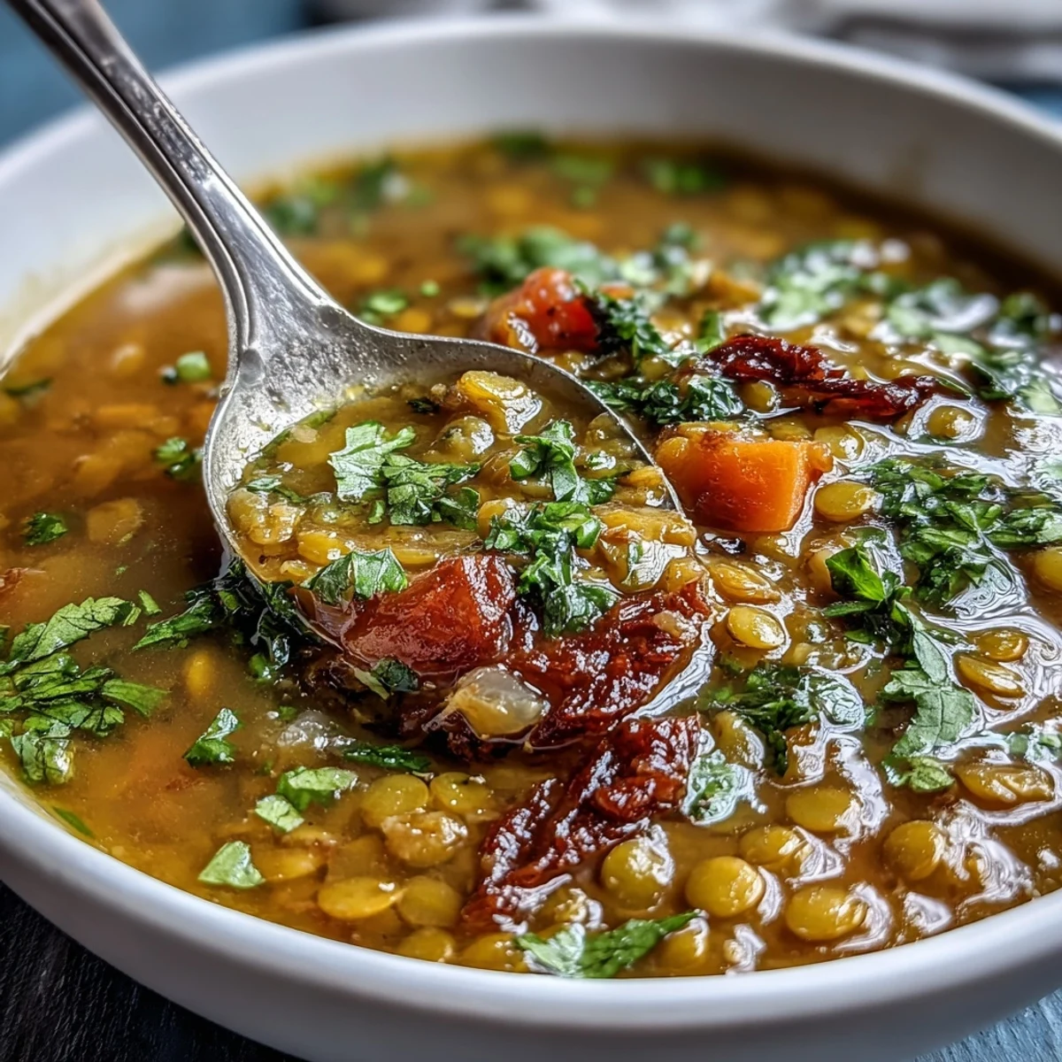 Steaming Mung Bean Soup in a rustic bowl, featuring tender mung beans and diced carrots in golden broth.