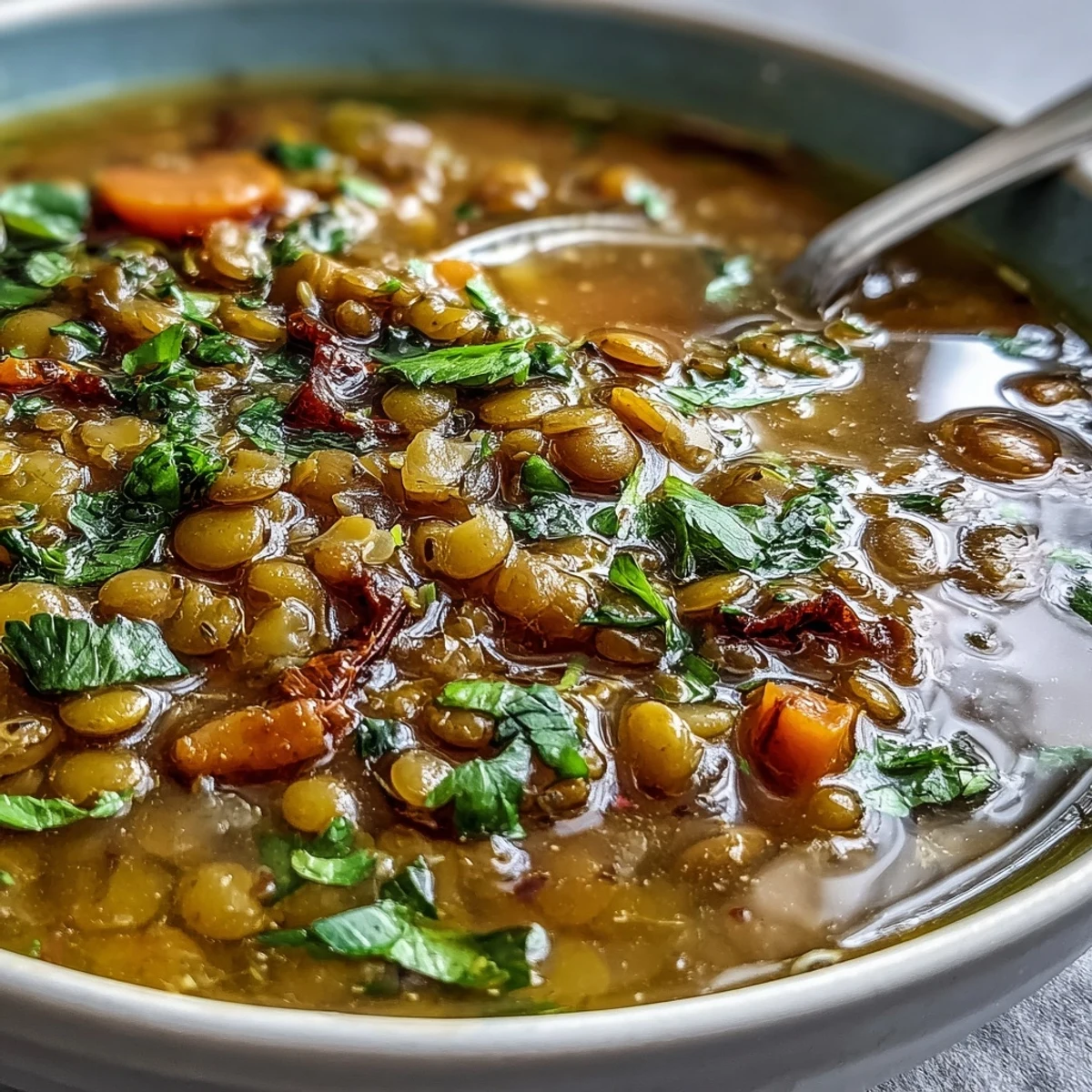A nourishing ladleful of Mung Bean Soup, rich with turmeric spices and ready to serve with rice.