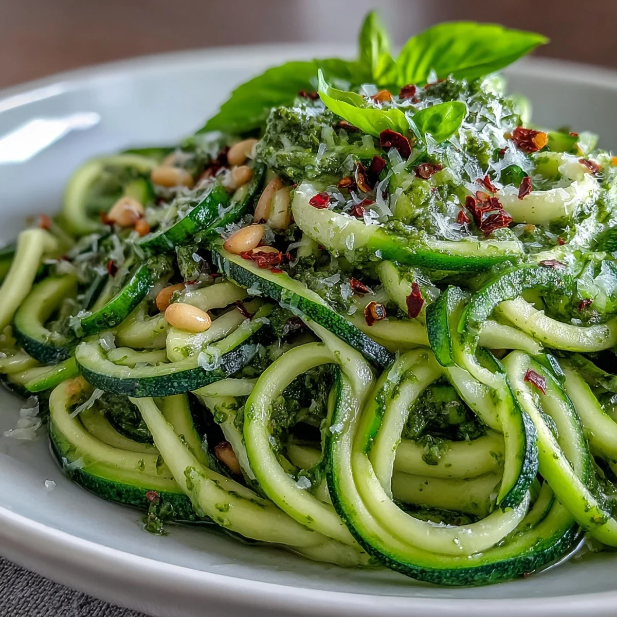 Tender sautéed zucchini spirals tossed in vibrant green pesto, served warm as a healthy, low-carb main.