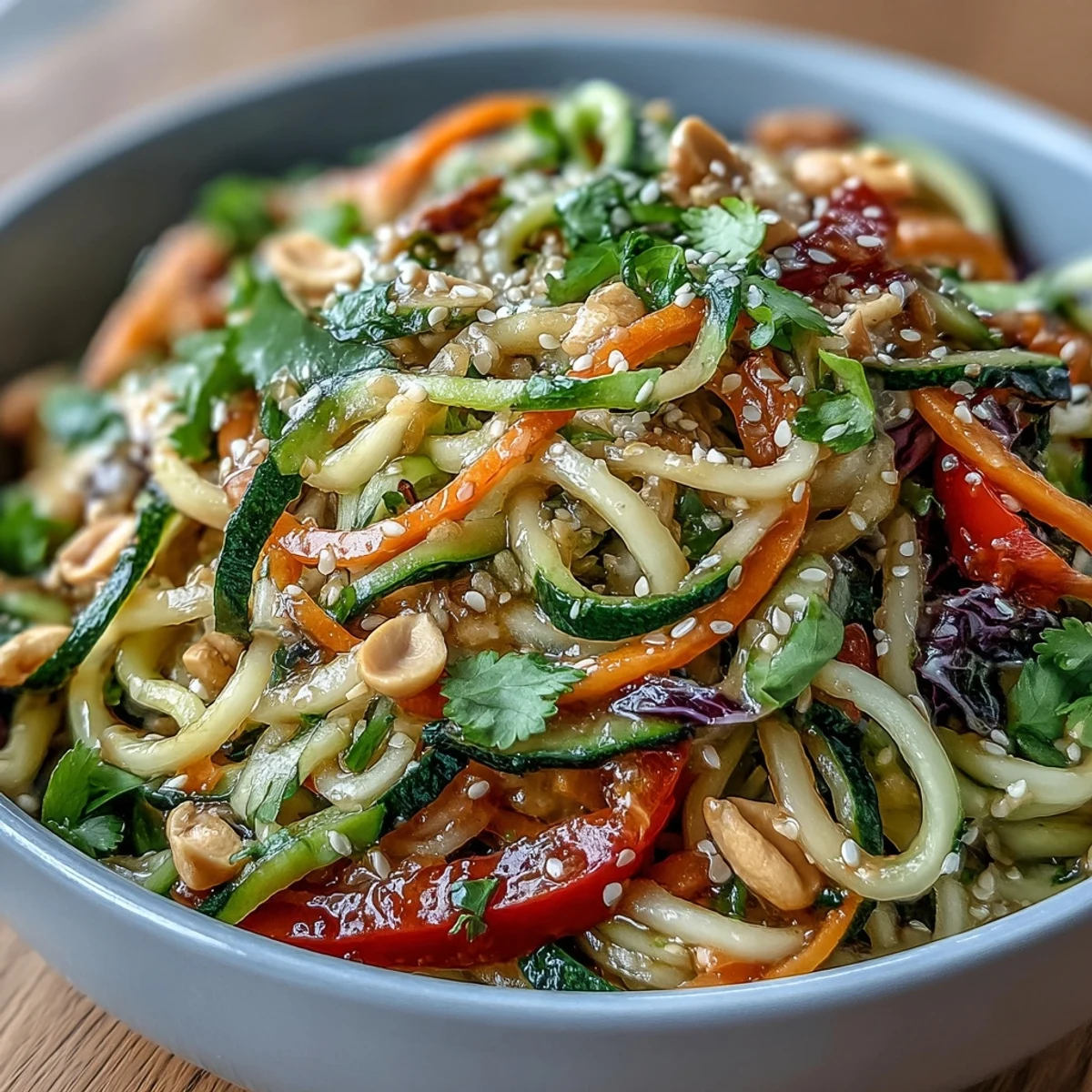 Colorful spiralized cucumber and zucchini noodles in a tangy sesame dressing, topped with peanuts and fresh cilantro.