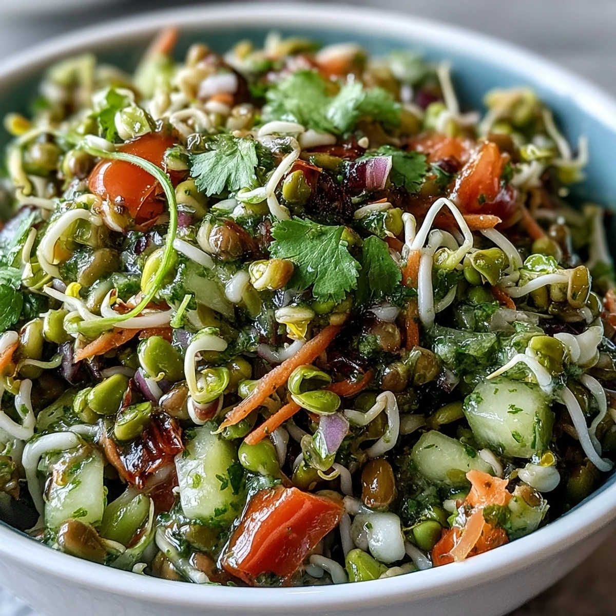 Vibrant Sprouted Seed Salad with crunchy mung bean, alfalfa, and radish sprouts tossed with crisp cucumber and red bell pepper.