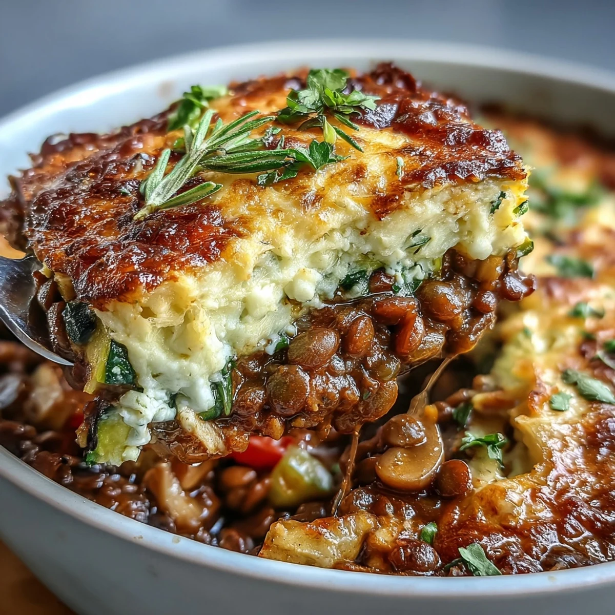 The baked Green Lentil and Vegetable Casserole features tender lentils and colorful veggies topped with melted cheese.