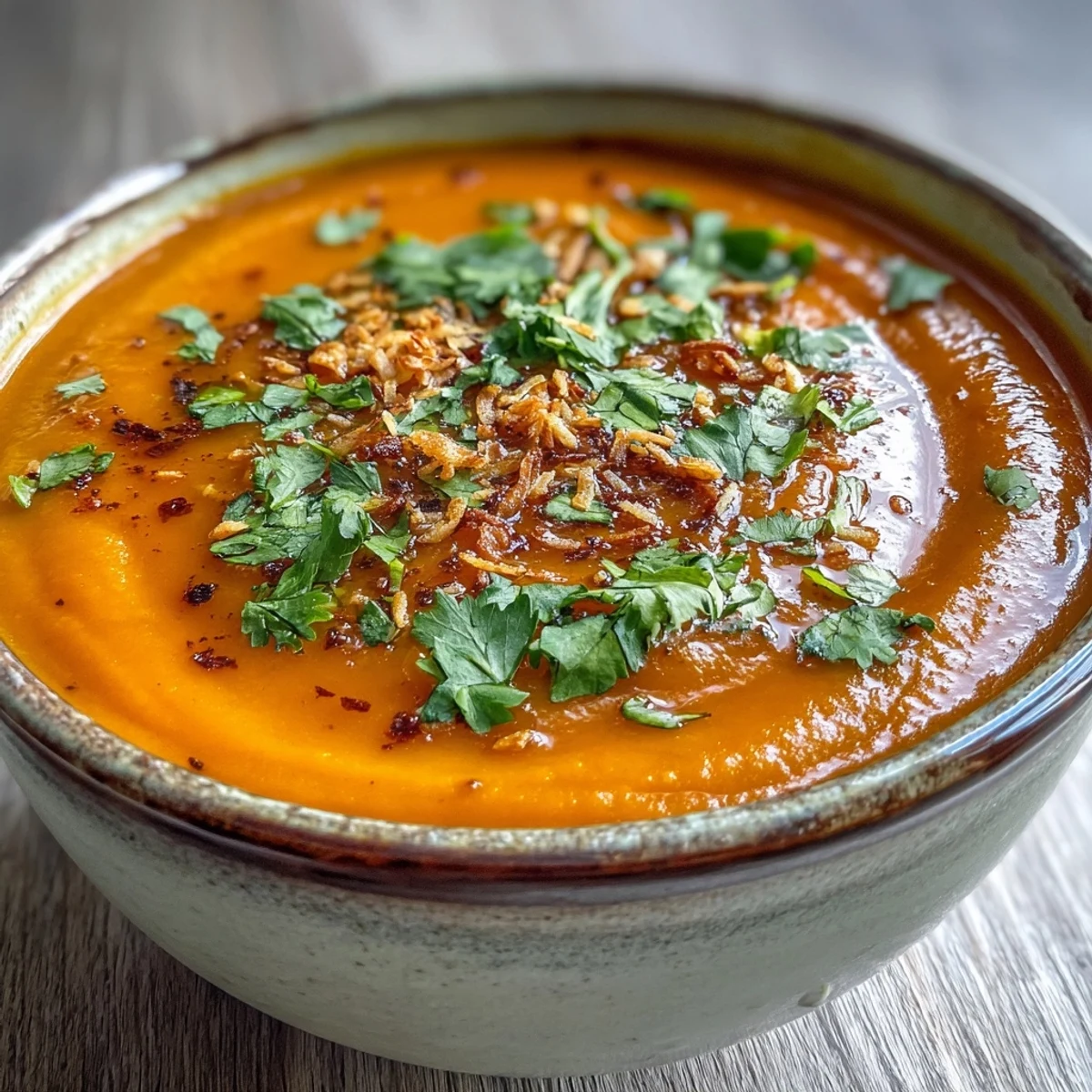 Creamy Carrot and Coconut Soup steaming in a rustic bowl, garnished with cilantro and toasted coconut flakes.
