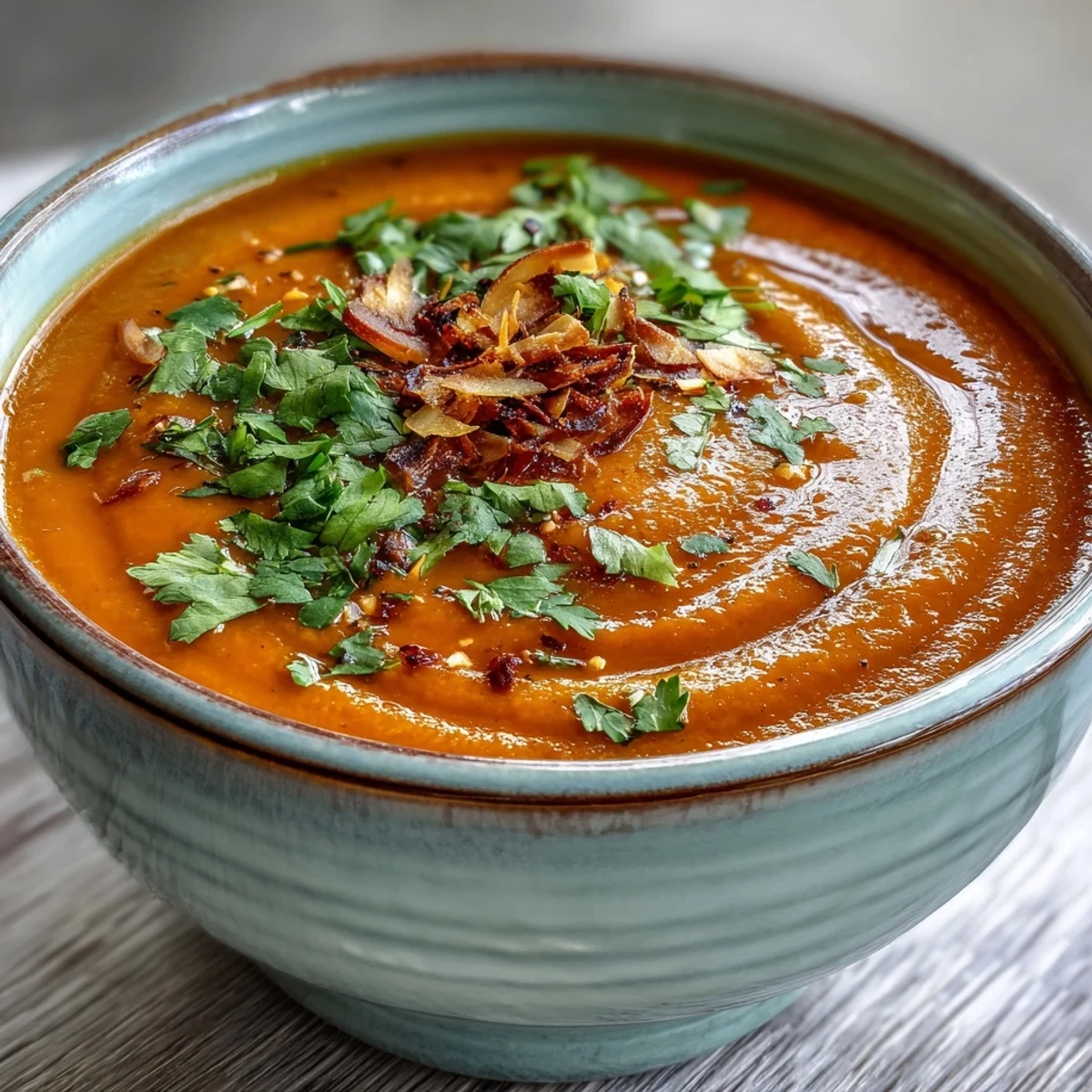 A close-up of velvety Carrot and Coconut Soup in a white bowl, topped with fresh herbs and a lime wedge.