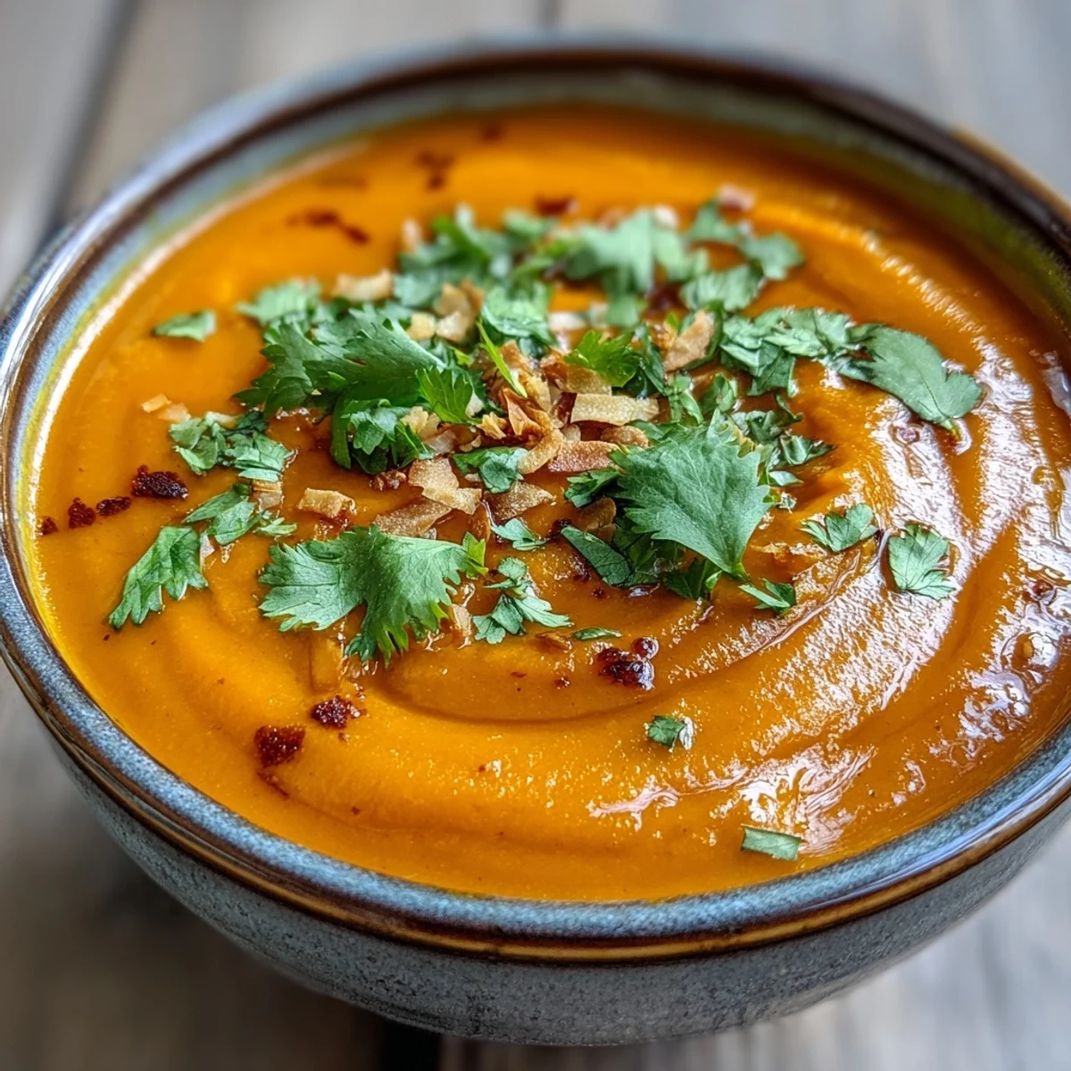 Vibrant Carrot and Coconut Soup with a silky texture, served alongside crusty bread for dipping.