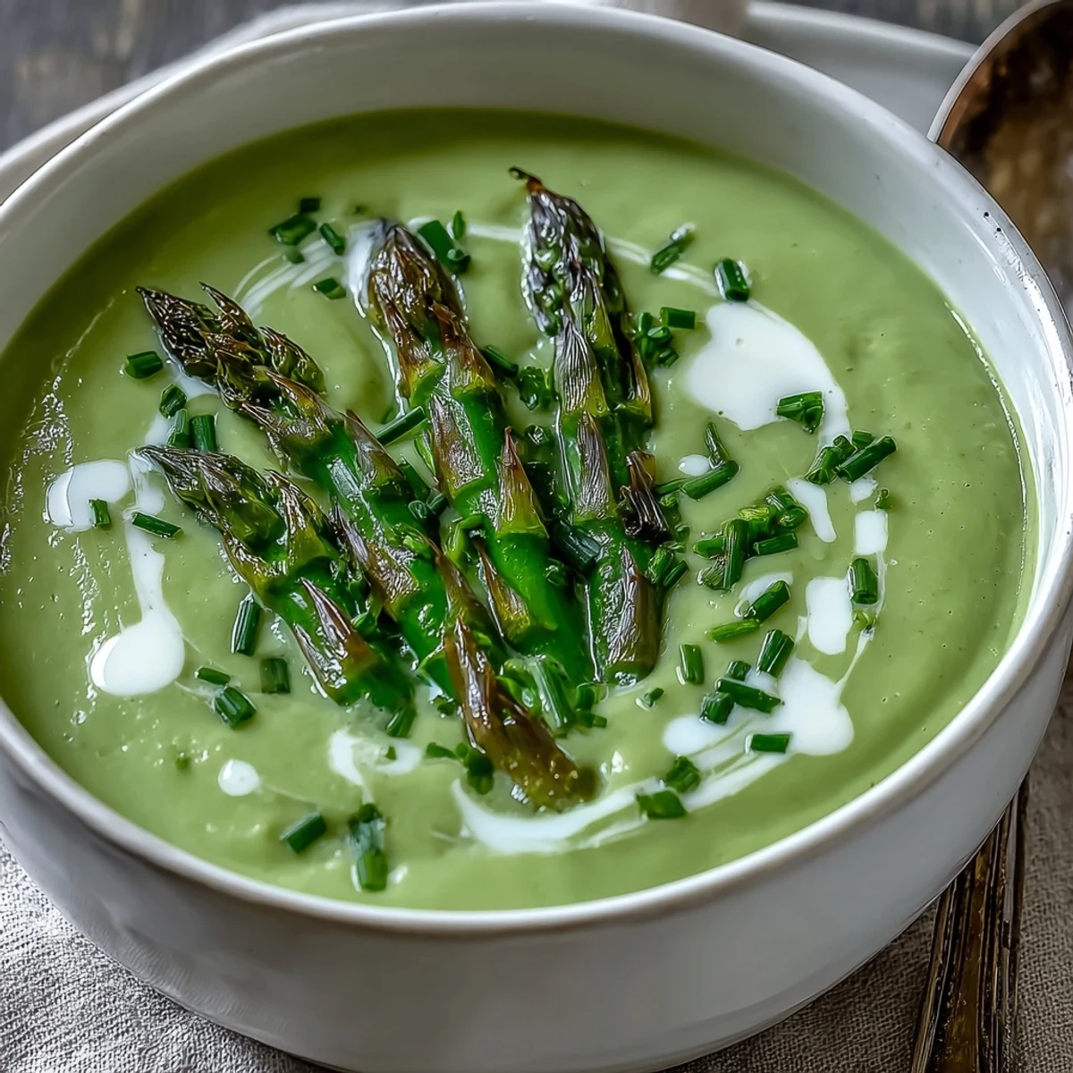 A bowl of creamy Asparagus Soup garnished with fresh asparagus tips and chives, showcasing its silky green texture.