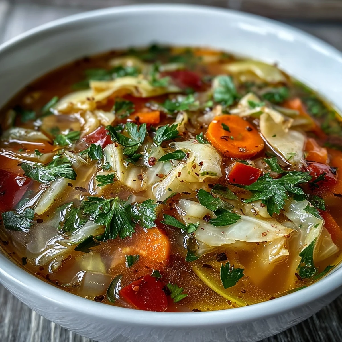A steaming bowl of homemade Cabbage Soup filled with tender green cabbage, carrots, and celery, garnished with fresh parsley.