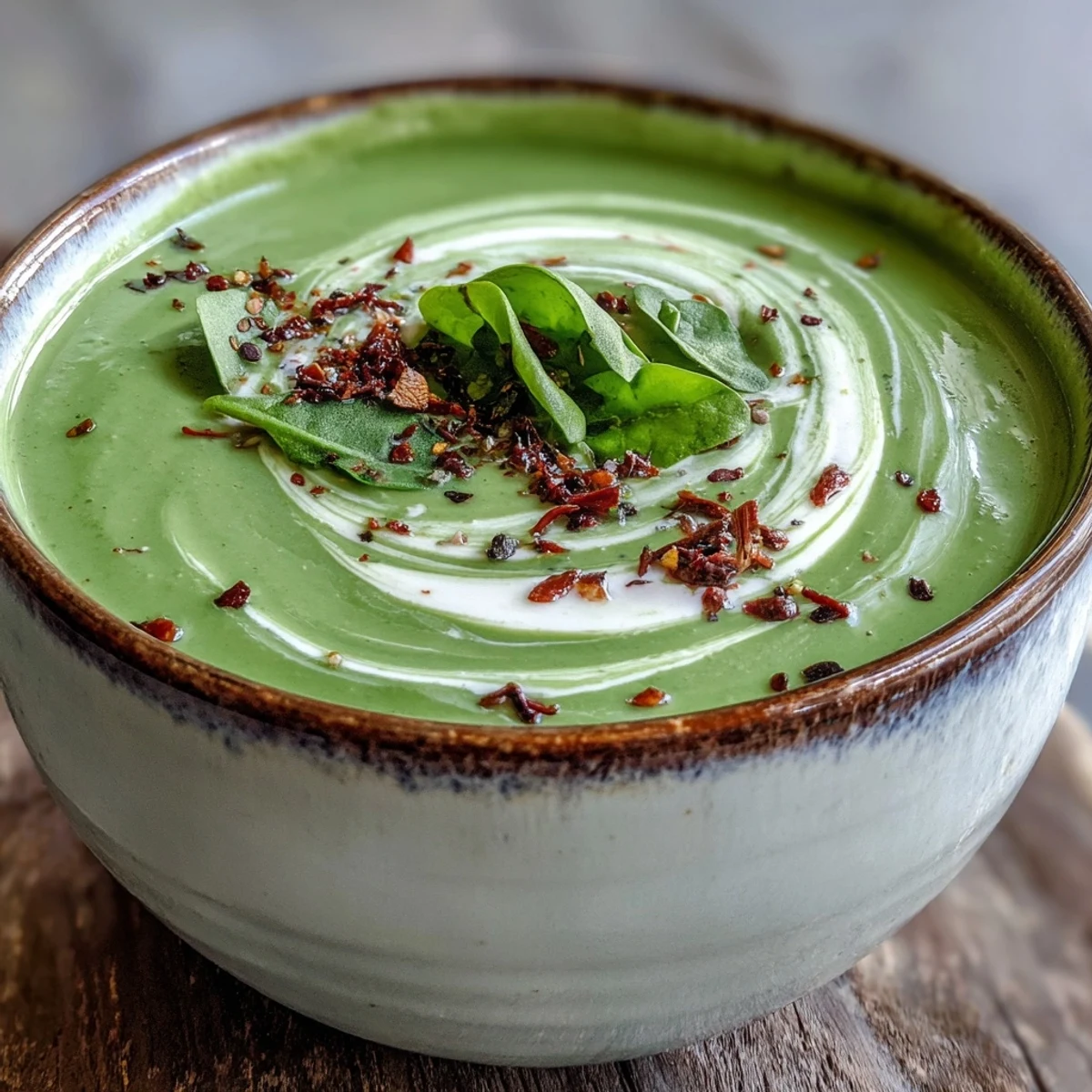Creamy spinach soup in a rustic bowl garnished with black pepper, served warm as a healthy lunch.