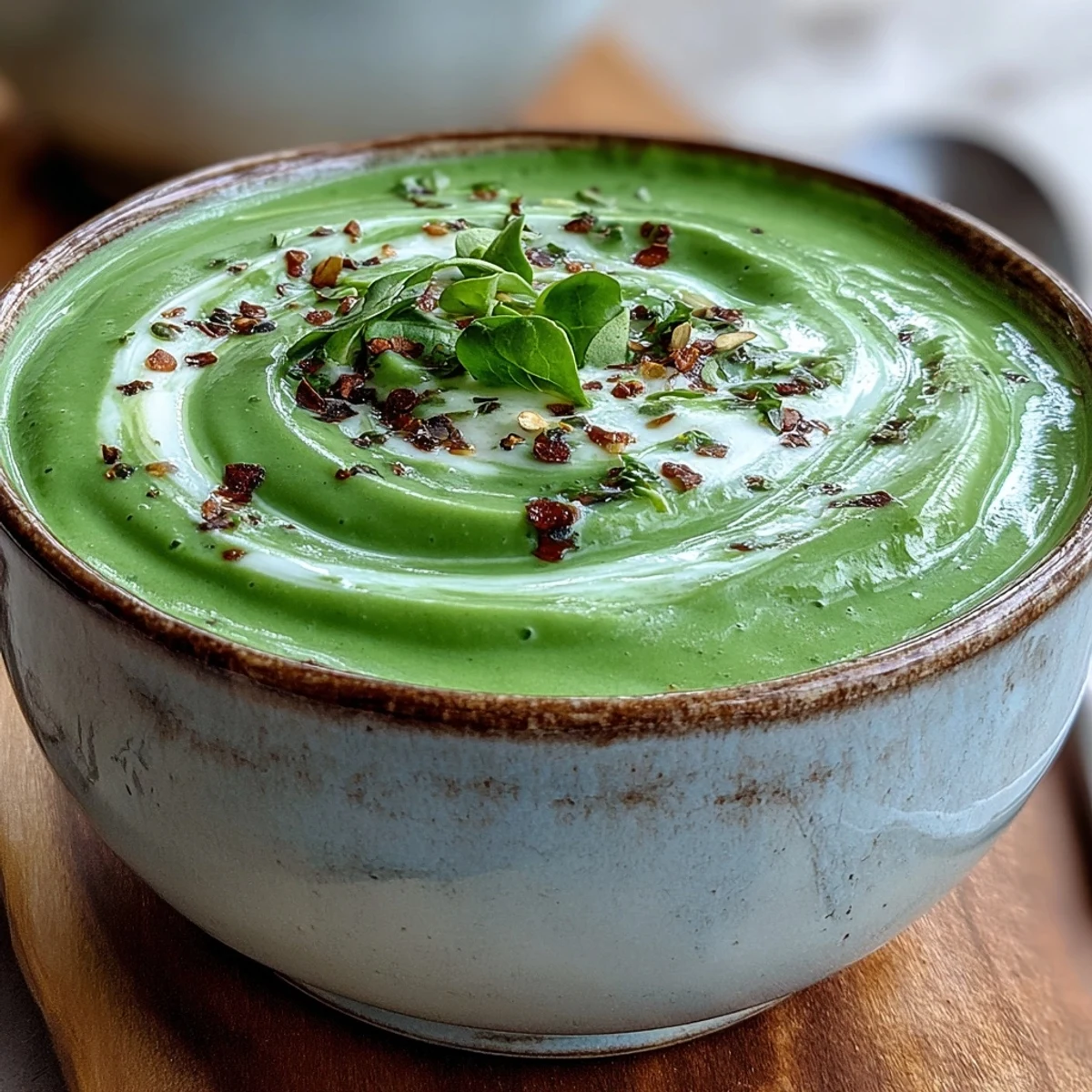 Velvety homemade spinach soup simmered with aromatics and finished with cream in a cozy white bowl.