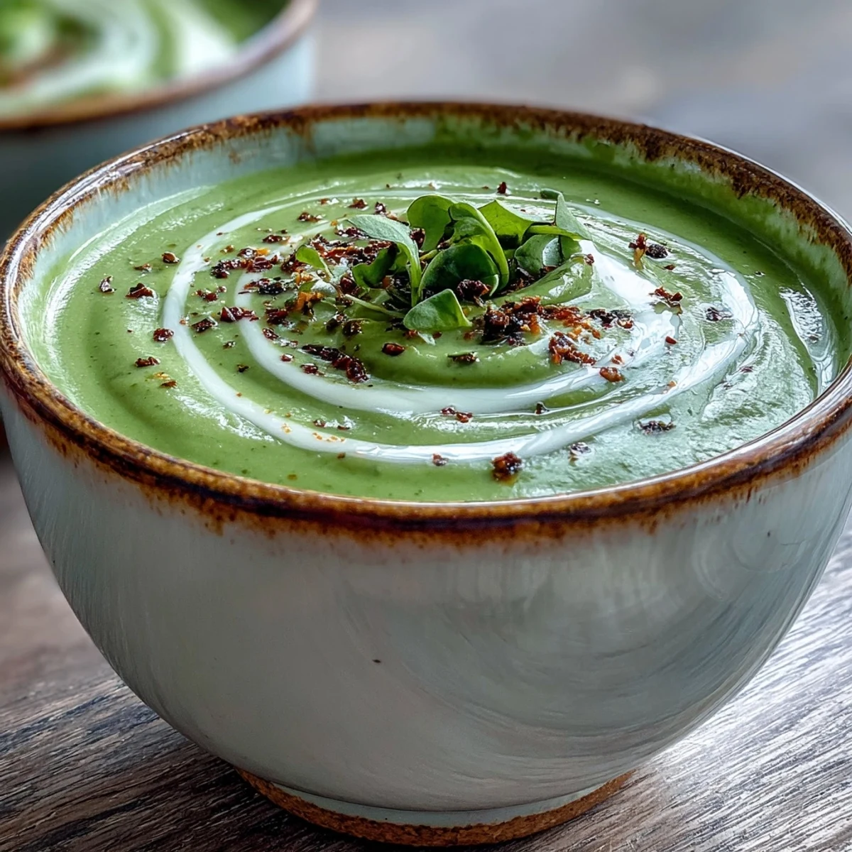 Smooth, vibrant spinach soup with a swirl of cream, perfect starter paired with crusty bread on the side.