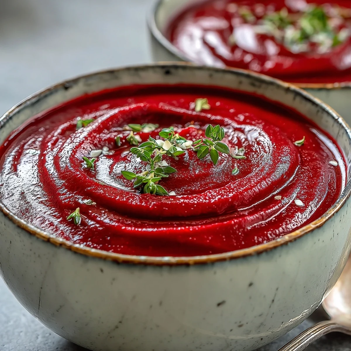 A close-up of Roasted Beet Soup in a rustic bowl, garnished with a swirl of cream and fresh thyme.