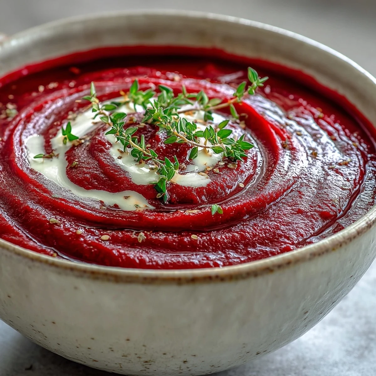 Roasted Beet Soup served hot, with a velvety texture and garnished with fresh thyme and goat cheese.