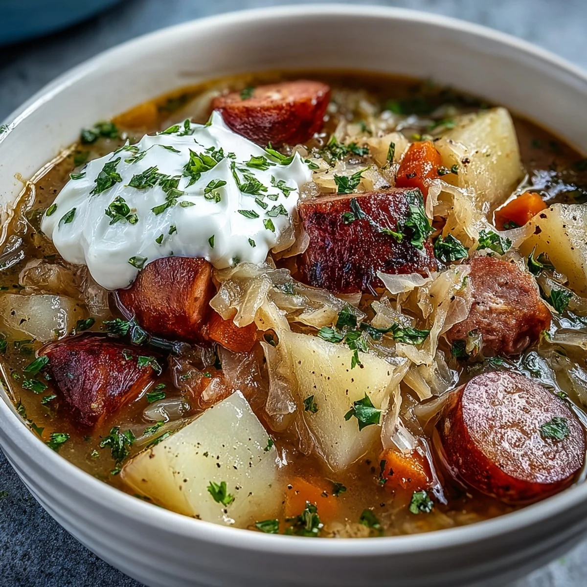 A close-up of hearty Sauerkraut Soup in a rustic bowl, topped with fresh parsley and a dollop of sour cream.  