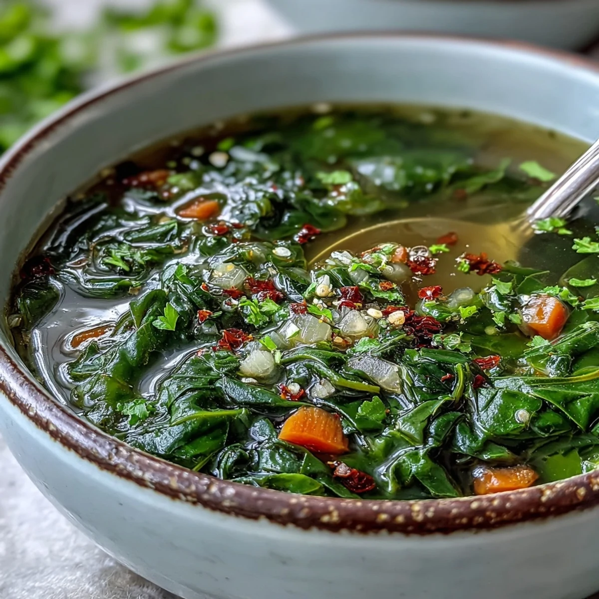 Hearty Swiss Chard Soup served steaming in a rustic bowl, garnished with lemon, parsley, and optional Parmesan cheese for a comforting dinner.
