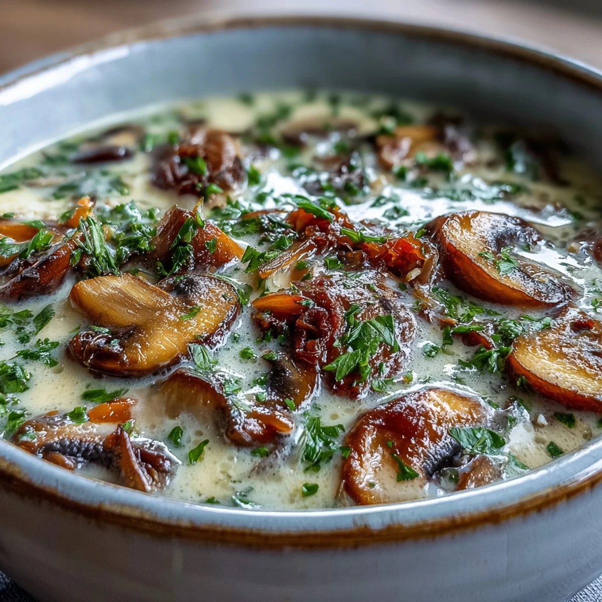 Creamy mushroom soup in a white bowl garnished with fresh parsley, served alongside crusty bread.