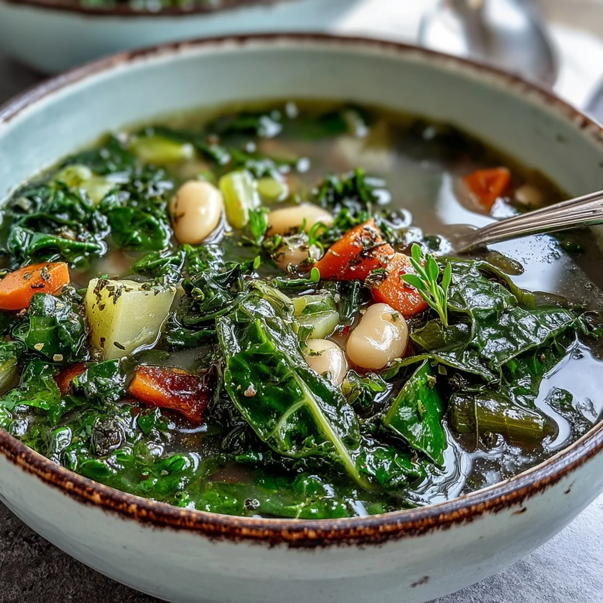 A vibrant bowl of homemade Kale Soup with tender kale leaves, creamy cannellini beans, and diced carrots in savory broth.