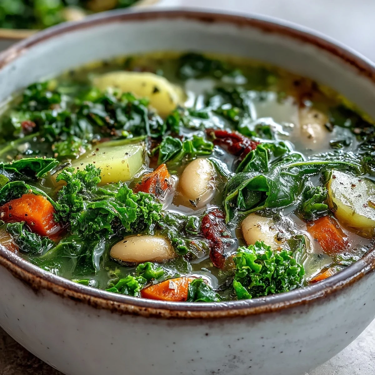 Serving suggestion for nutritious Kale Soup, featuring chunky potatoes, celery, and kale in a rustic, steaming pot.