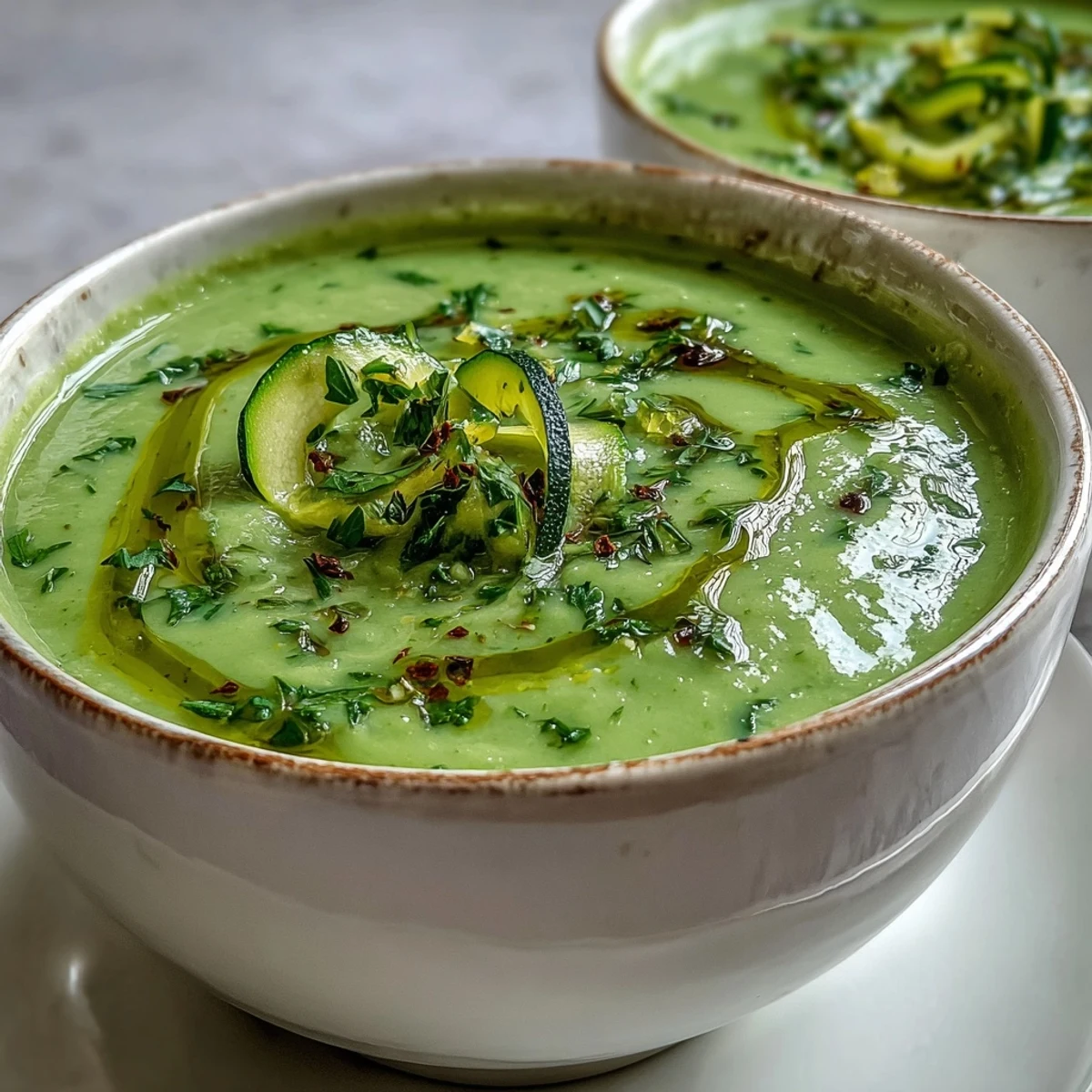 Vibrant green Zucchini Soup in a rustic bowl, topped with a drizzle of olive oil and fresh basil leaves for a summer meal.  