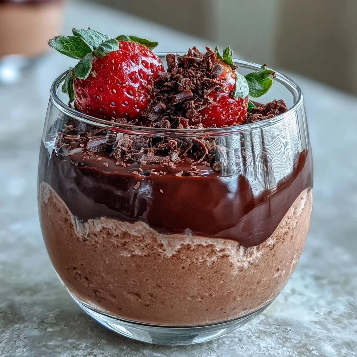 Clear glass dessert cup filled with layered Chocolate-Covered Strawberry Mousse topped with a fresh strawberry half.