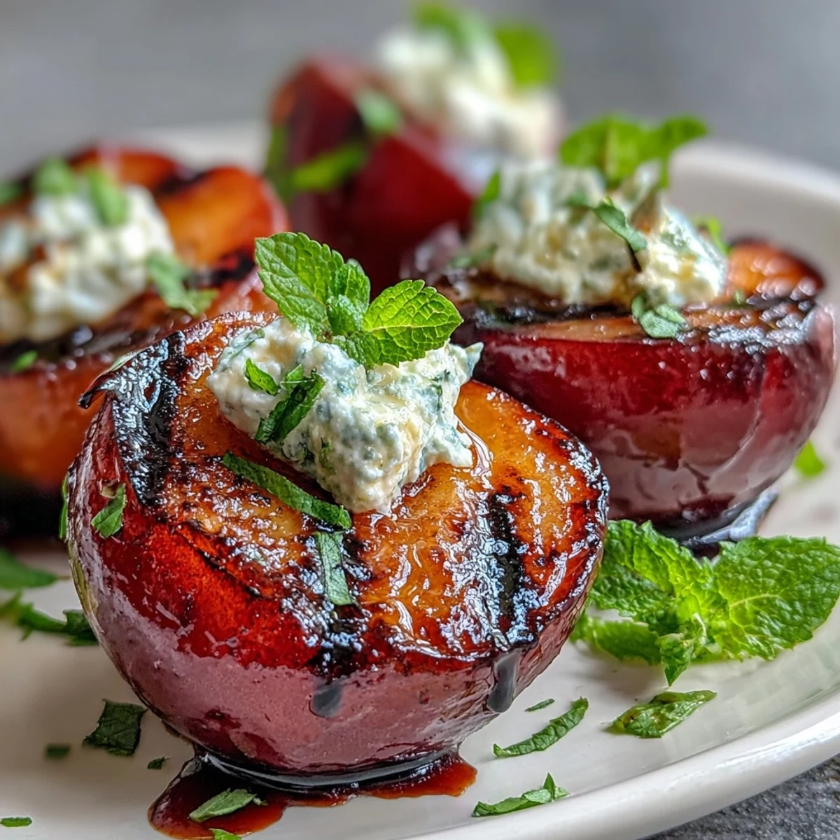 Caramelized grilled plums with goat cheese dollops and honey-balsamic drizzle, ready to serve as an elegant appetizer.