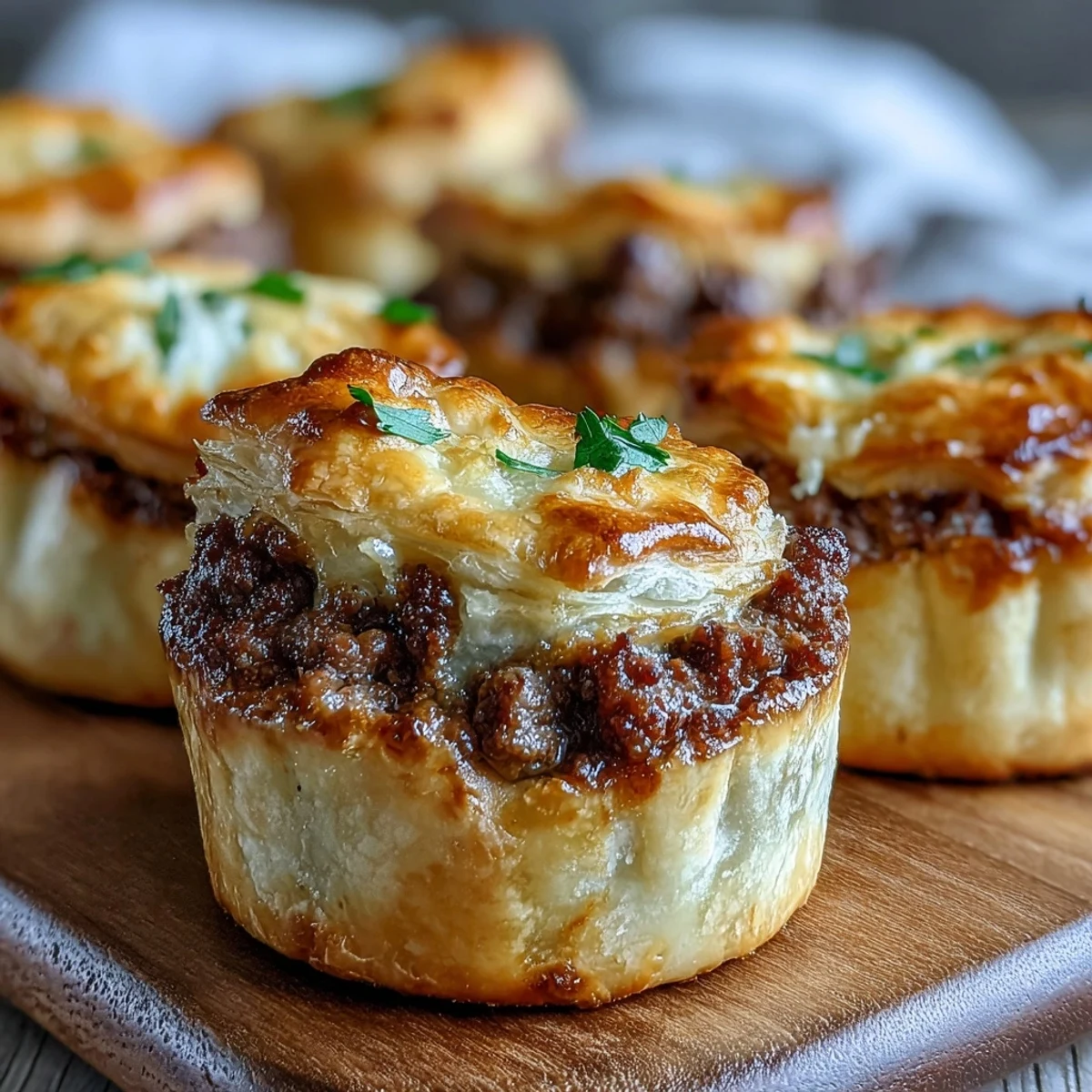Hand-held Mini Beef Tourtières with crimped edges on a wooden board, showcasing the savory, spiced ground beef filling.