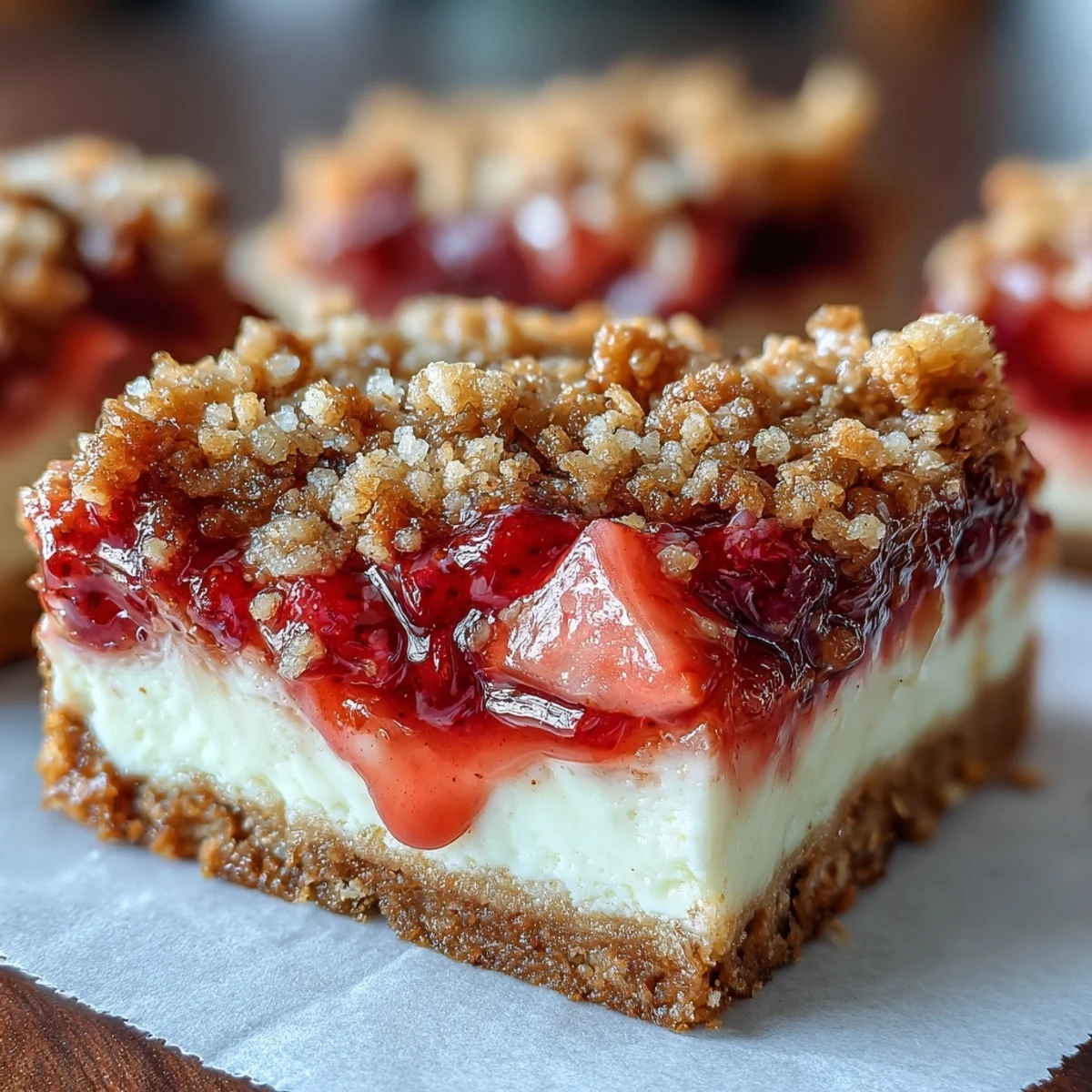 Freshly baked Strawberry Cheesecake Bars with a golden cinnamon streusel topping on a rustic wooden board.