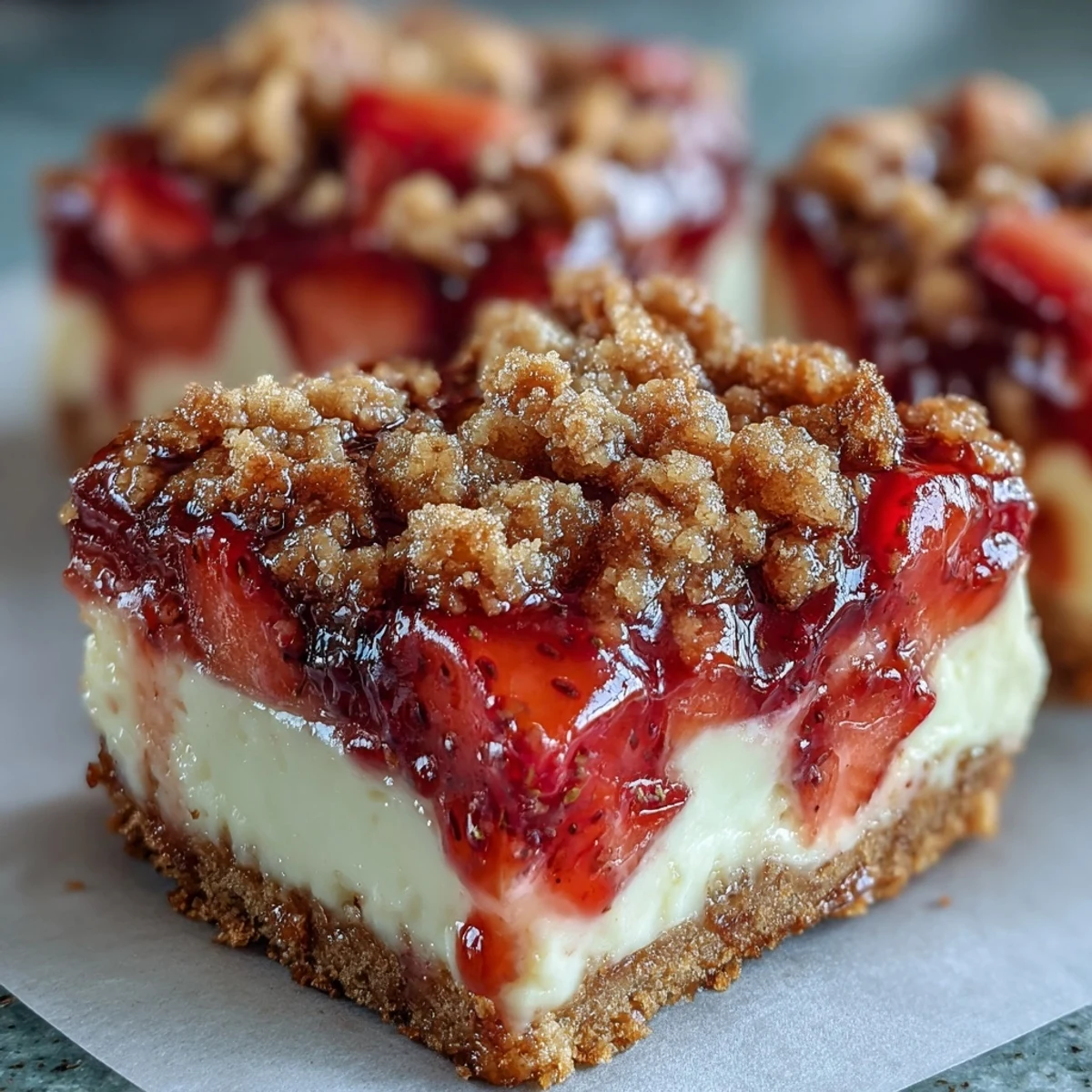 Indulgent Strawberry Cheesecake Bars with crumbly streusel and glazed strawberries, ready to serve with a fork.