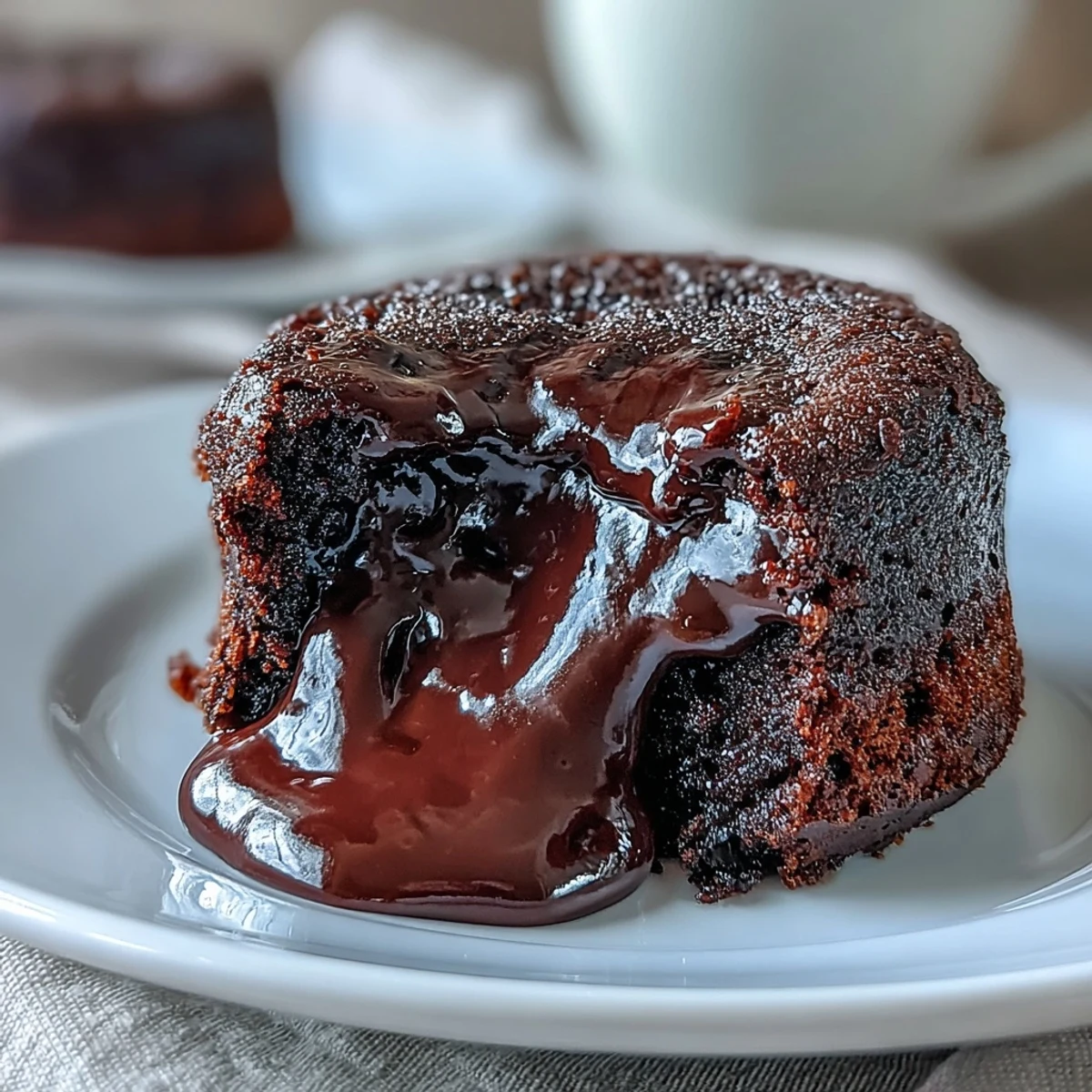 Chocolate Lava Cakes with Espresso rest on a white plate with a dusting of cocoa powder and steam rising from the molten center.