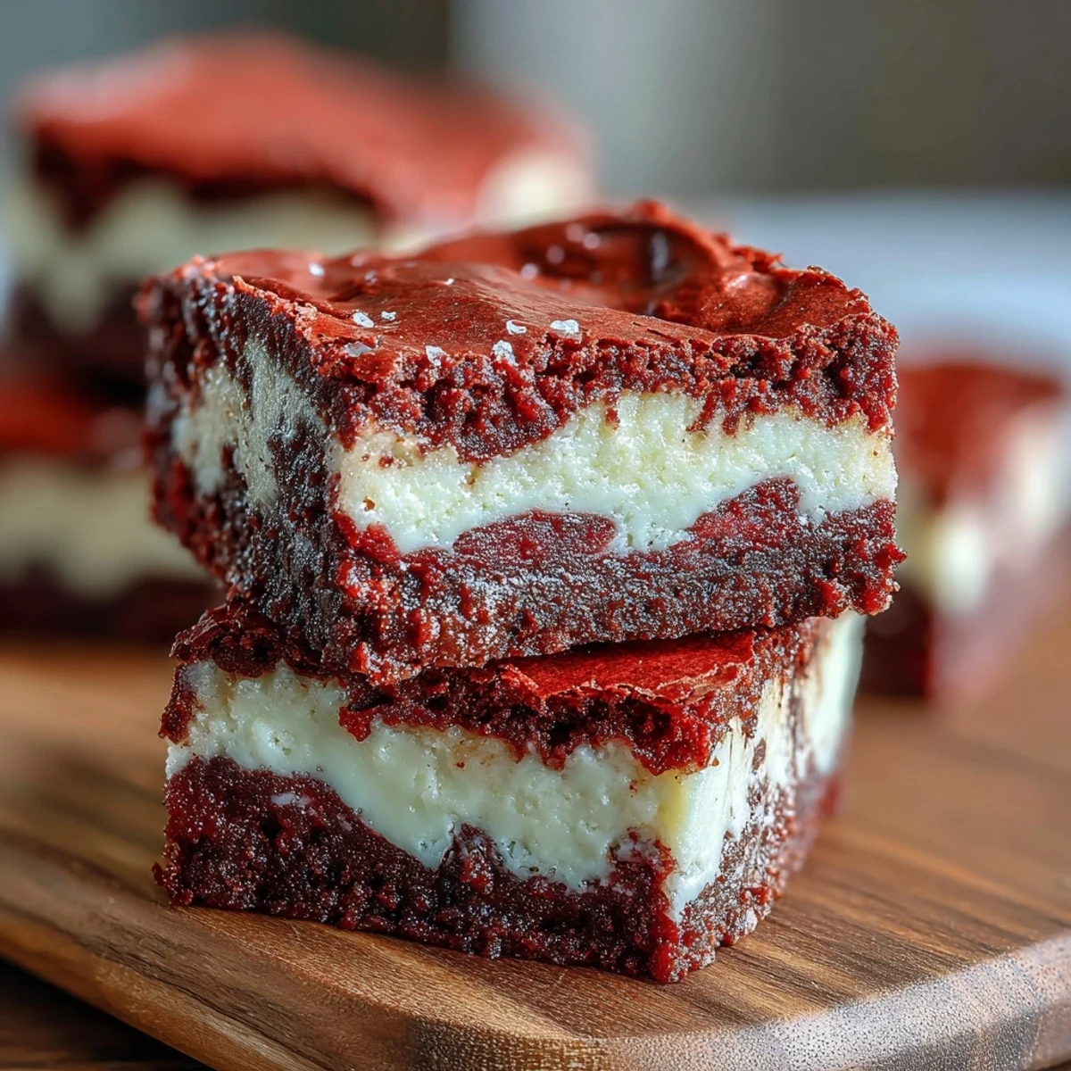 Freshly baked Red Velvet Cheesecake Brownies with a vibrant red swirl and creamy white cheesecake layer cooling on a wire rack. 