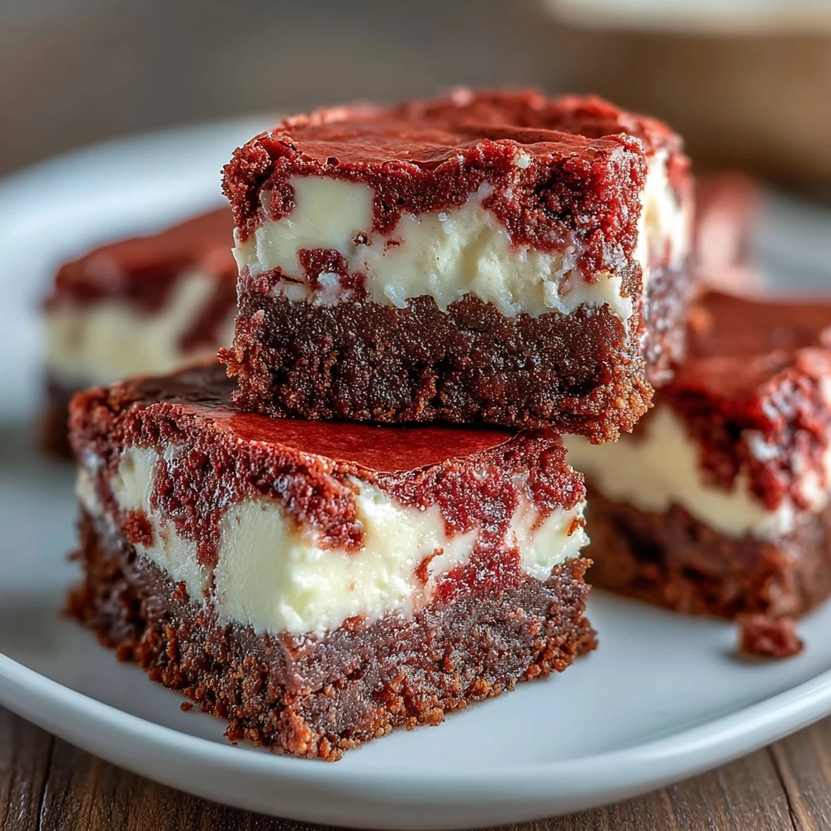 Hand holding a square of Red Velvet Cheesecake Brownies above a festive platter, showcasing moist red velvet crumbs and smooth filling.