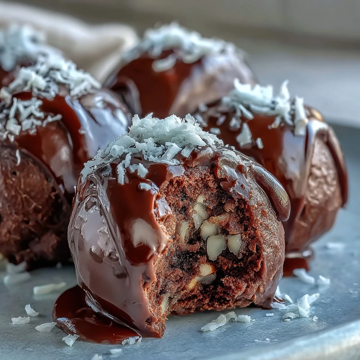Homemade chocolate truffles dusted in cocoa powder on a rustic wooden cutting board.