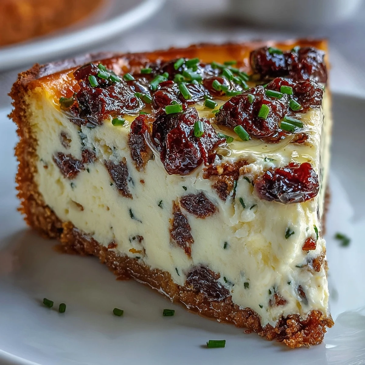 Creamy Kalamata Cheesecake Appetizer with an oregano-breadcrumb crust, topped with extra sliced olives and fresh herbs for a Greek-inspired bite.